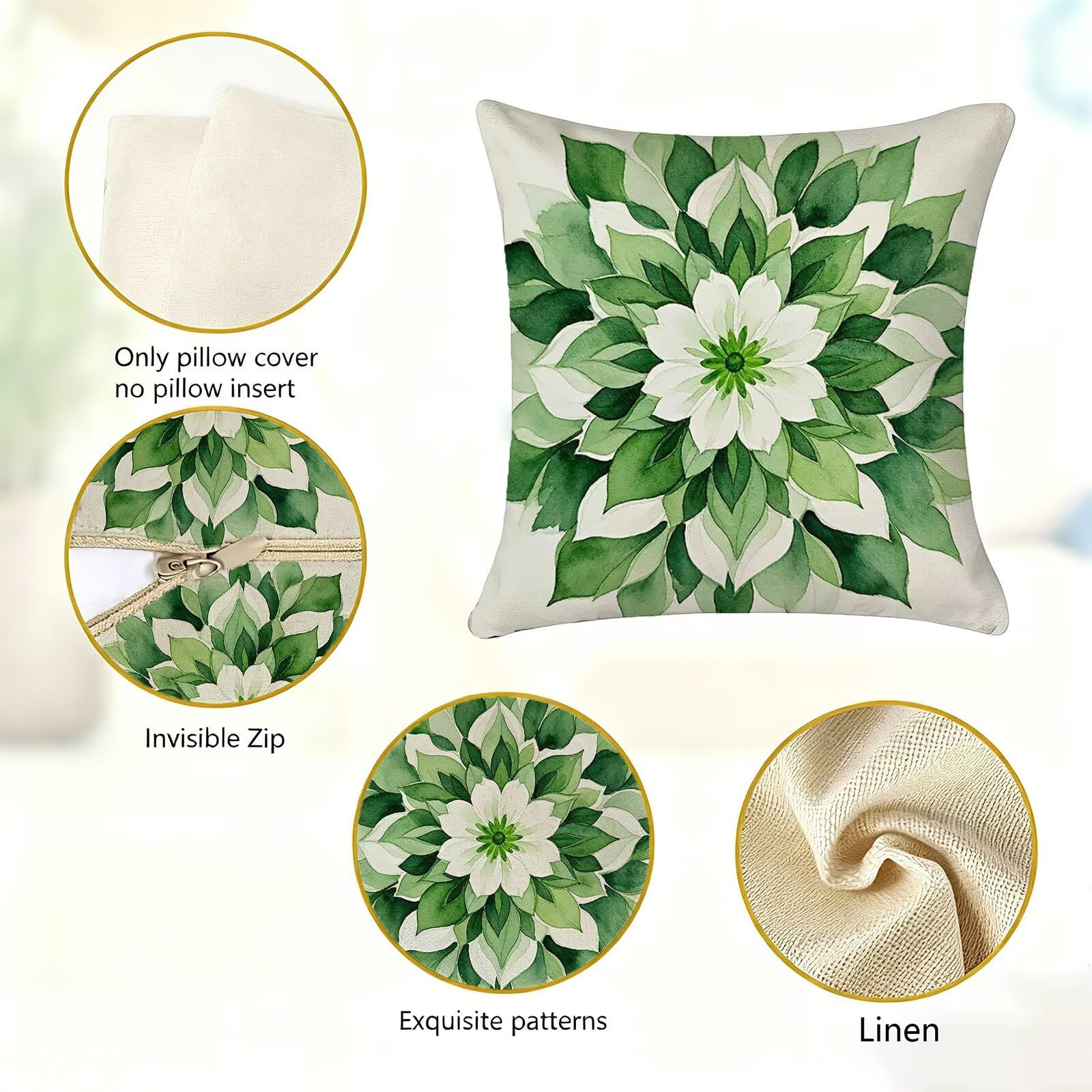 Verde Federe Cuscini Divano 50x50cm, Cuscini da Esterno Set de 4, Cod-170 | Lin Copricuscini Decorativi Letto Arredo, per Letto, Soggiorno, Giardino, Esterno, Casa Decorazione Set di 4 Mandala