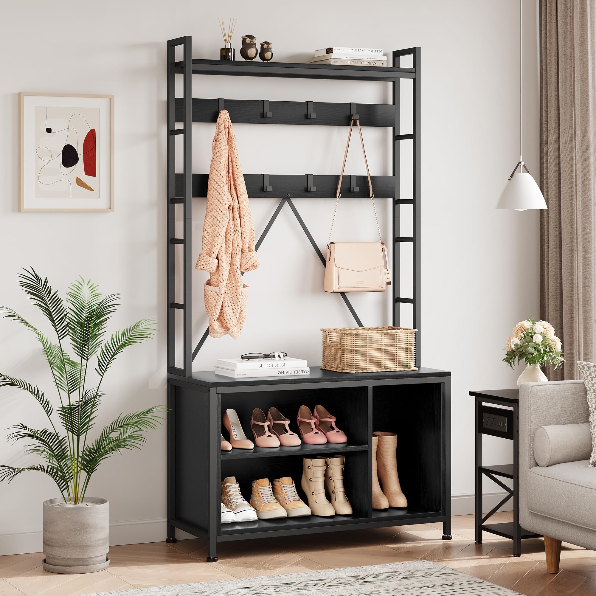 Mobeneno Black Coat Rack Stand, Hall Tree With Bench And Shoe Storage, Freestanding Coat Stand Garment Rack For Entryway Hallway Living Room