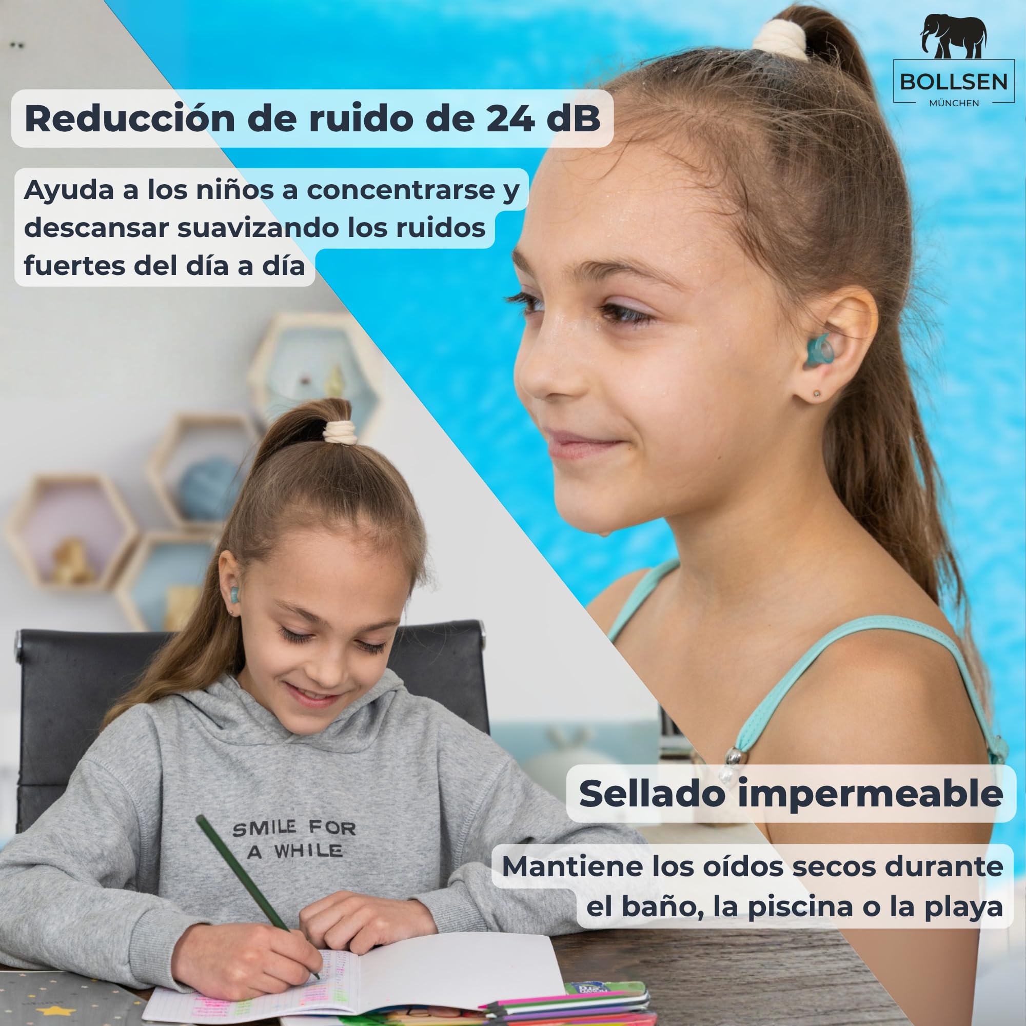 BOLLSEN Tapones para los oídos para niños – Reducción de ruido de 24 dB SNR y tapones impermeables para nadar, dormir, viajar y usar en la escuela – Tapones reutilizables y cómodos para niños. (3)