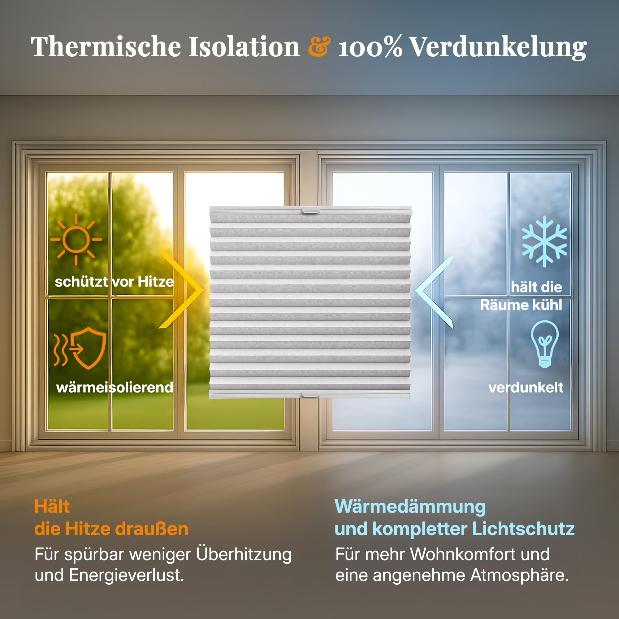 Plisart Wabenplissee Klemmfix ohne Bohren, 100% Verdunkelung Honeycomb Rollo zweifarbig, Weiß-Weiß 120x120cm - Thermo Faltrollo mit Metallklemmen für Fenster & Tür, Jalousie, Plisseerollo