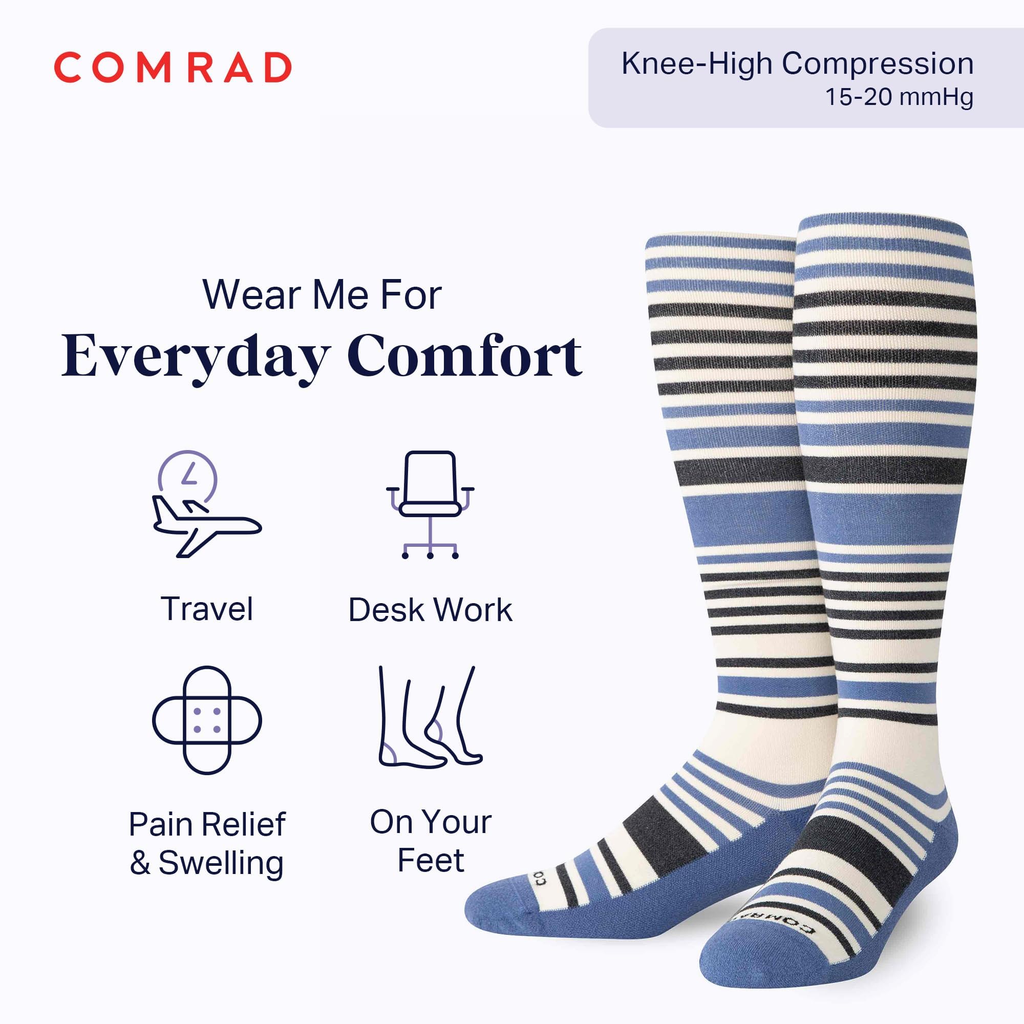 Comrad CloudCotton Knee High Socks - 15-20mmHg Graduated Compression Socks, (Medium Wide Calf, Sand/Denim Stripe) - Combed Cotton Support Socks for Men, Pregnant Women, Nurses, Home, Work & Travel