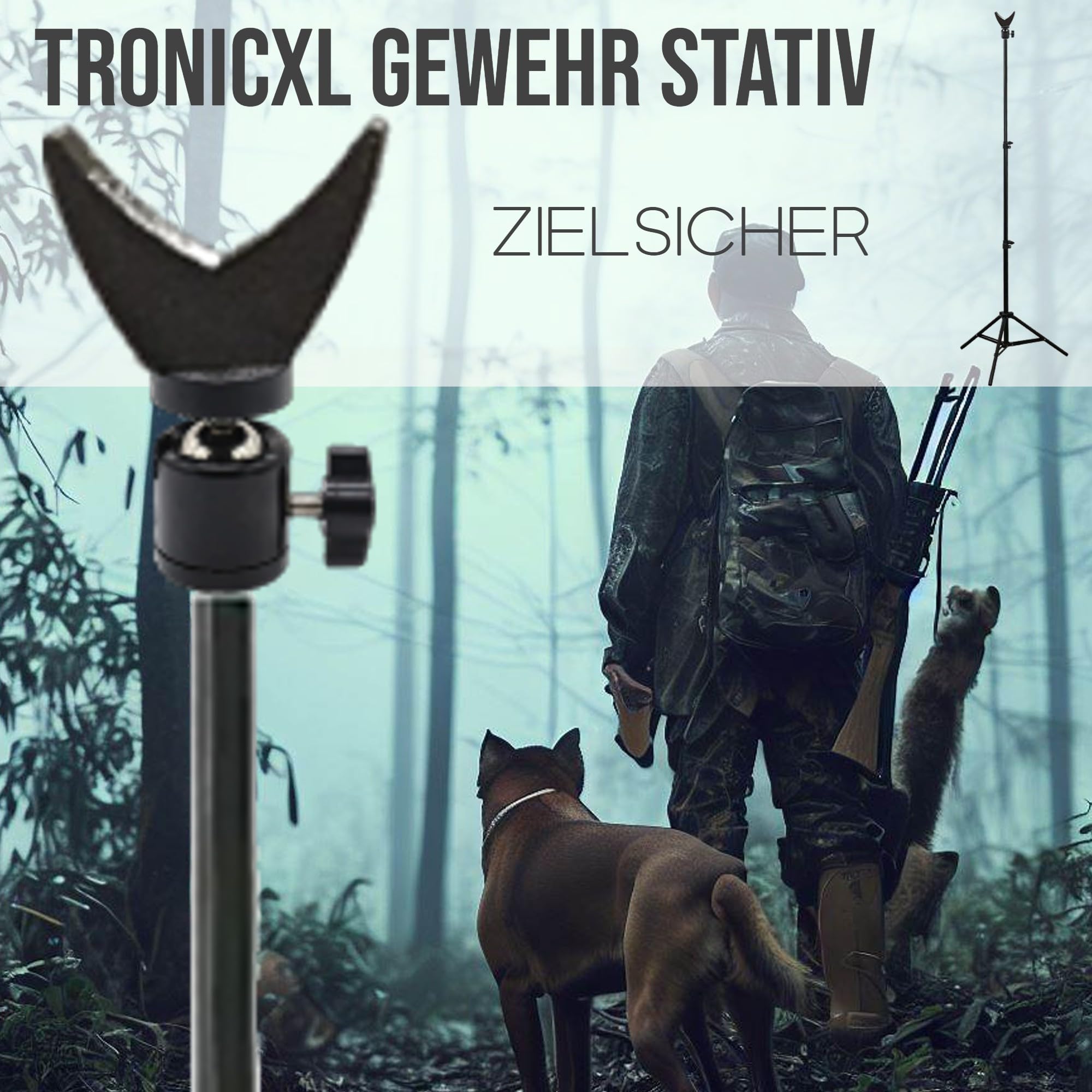 TronicXL 93-210 cm Stativ + Auflage für Objektiv I Gewehr I Gewehrauflage Stativ Dreibein 1/4 Zoll Adapter für Gewehre Waffen Ständer Gewehrstativ Kugelkopf