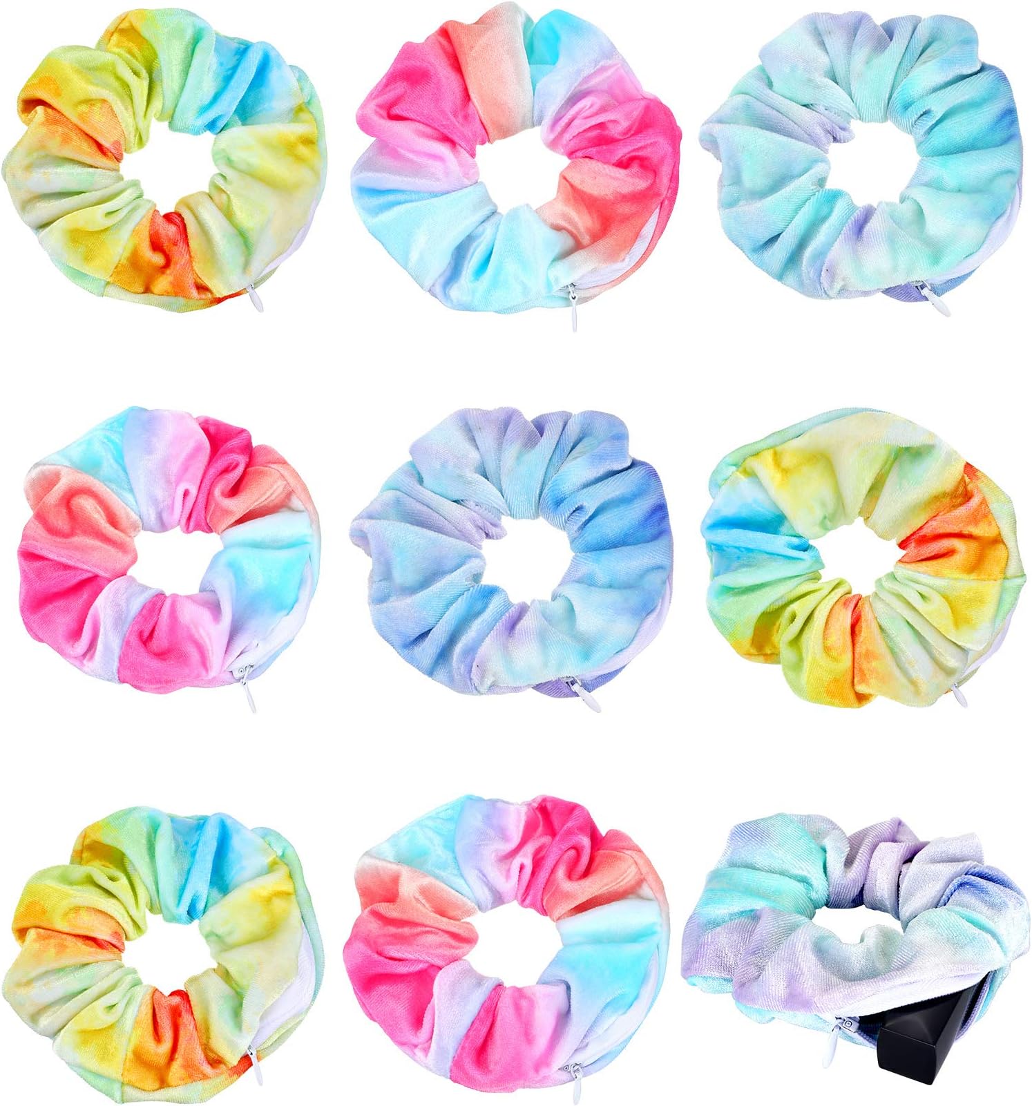 9 Pieces Velvet Pocket Hair Scrunchies Hidden Pocket Hair Ties Elastic Zipper Scrunchies Colorful Hair Bands with Zipper Pocket Storage for Women Girls Hair Accessories