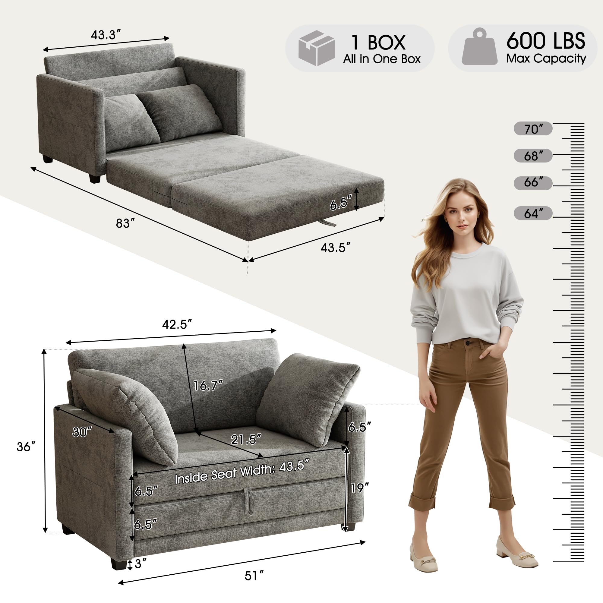 51" Loveseat Sleeper Sofa Bed, Chenille Convertible Floor Sofa Bed for Small Spaces, Folding Couch Bed with Deep Seat, 2 Pillows & Solid Frame, Pull Out Floor Couch for Living Room, Grey