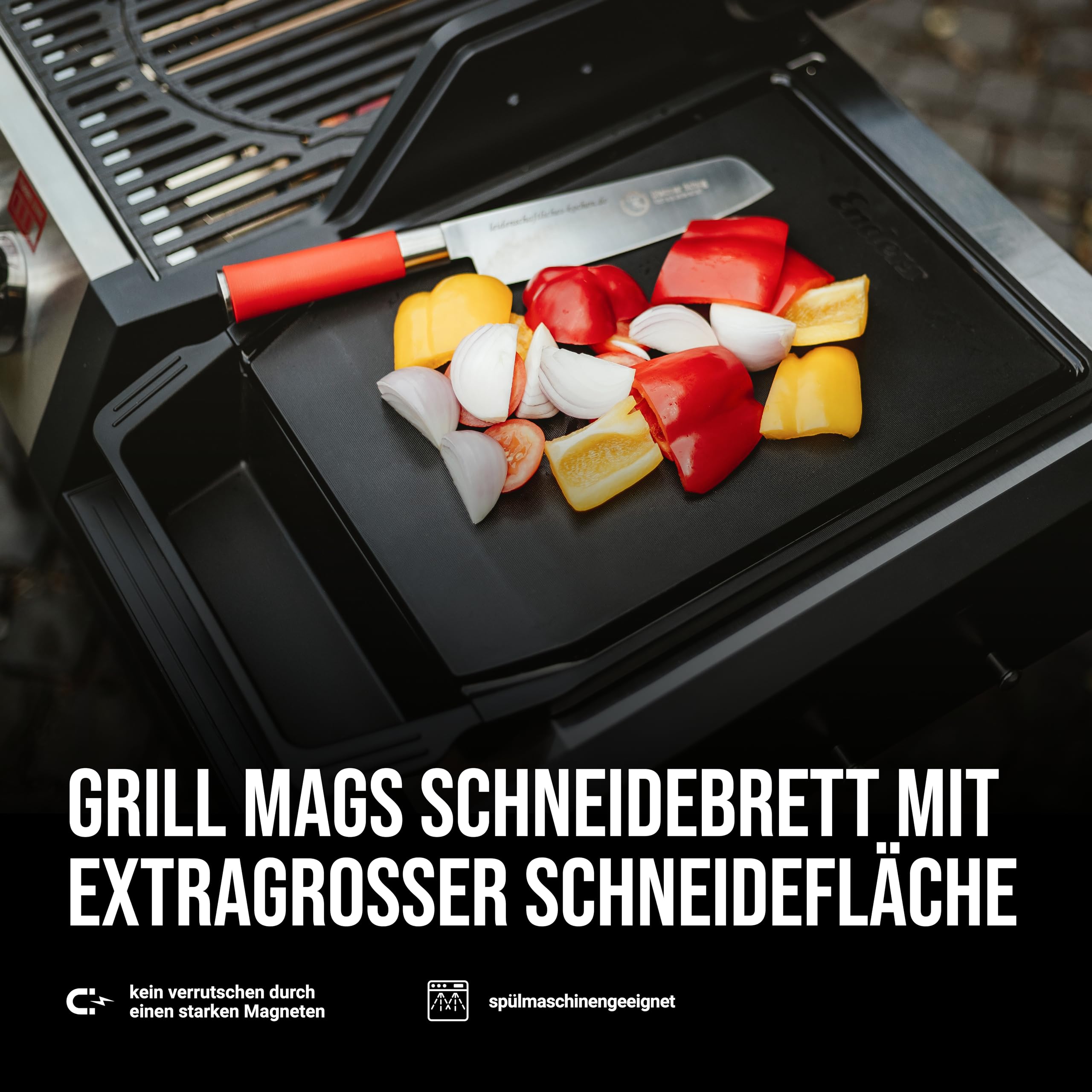 Enders Grill Maga Tabla de cortar con dos imánes para Barbacoas de Gas - Tabla para cortar con superficie grande Negra, imanes y sin deslizo - Tabla para la carne negra #7824