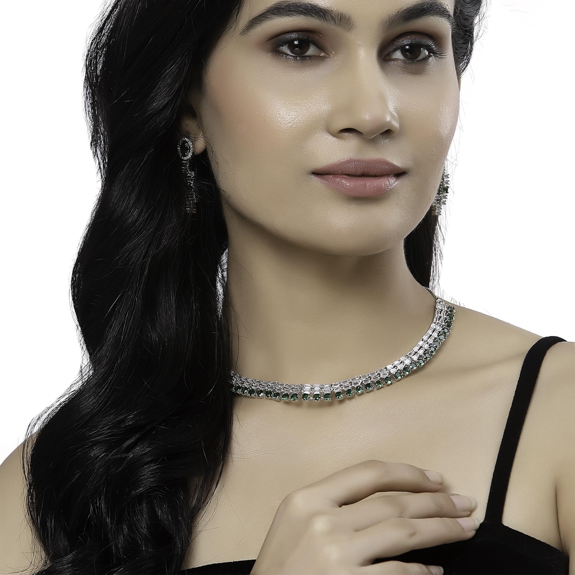 Rhodium-Plated Round Shape American Diamonds Necklace Set