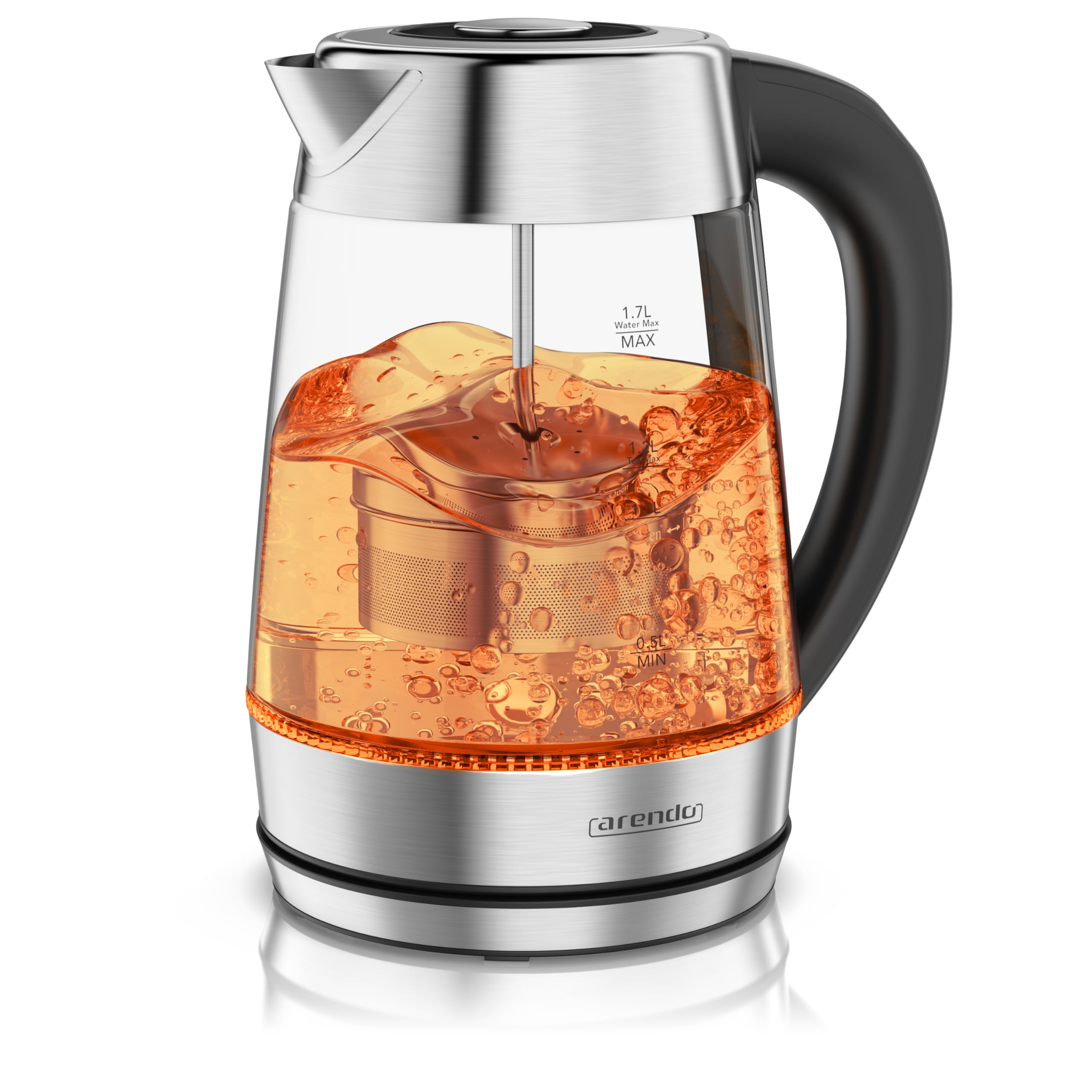 Arendo - 2in1 Glas Wasserkocher und Teekocher mit Temperatureinstellung – 1,7 Liter – Teesieb – Glas und Edelstahl – 5 Temperaturen – temperaturabhängige LED-Darstellung – Warmhalten bis zu 2 Stunden