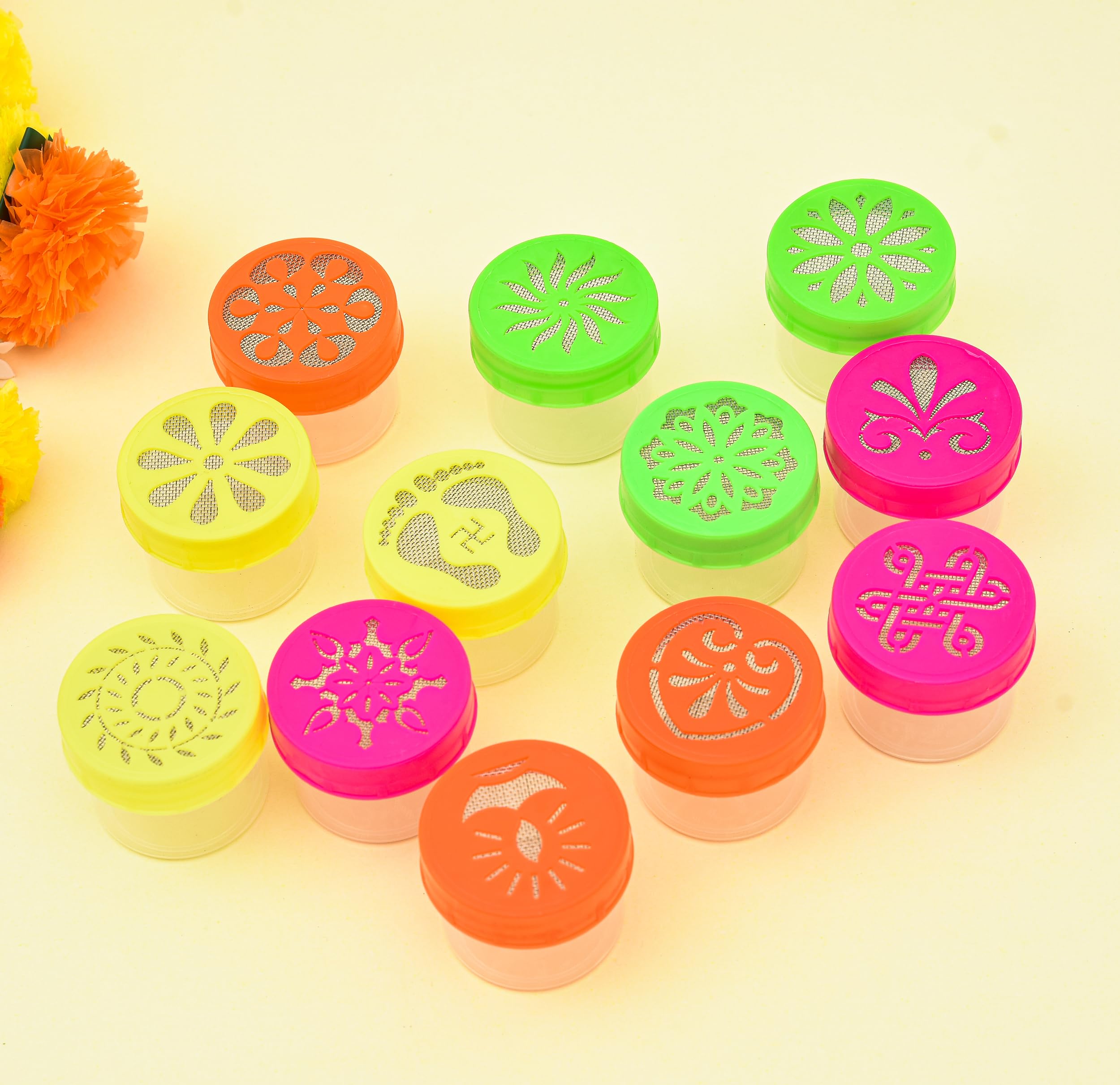 Evisha 12 Rangoli Stamp Dibbi Making Box Bottles Jali Rangoli Making Tools Stencils Floor Decoration Diwali Navratri Festivals Designs and Colour of Tools May Vary-image-16