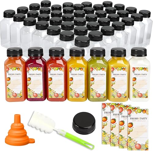 TOMNK 100 botellas de plástico vacías de 8 onzas con tapas, recipientes reutilizables transparentes a granel para bebidas con etiqueta, embudo y