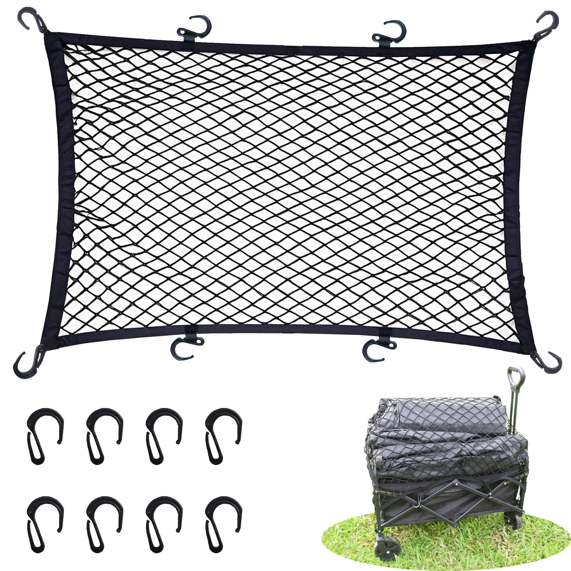 Cargo Net for Utility Folding Wagon, Beach Cart,Trolley Cart, Wagon net Cover,Garden Cart Cover Net - Elastic Heavy Duty Nylon Net with 8 Hooks (35.5"×23.6" to 71"×47")(8)
