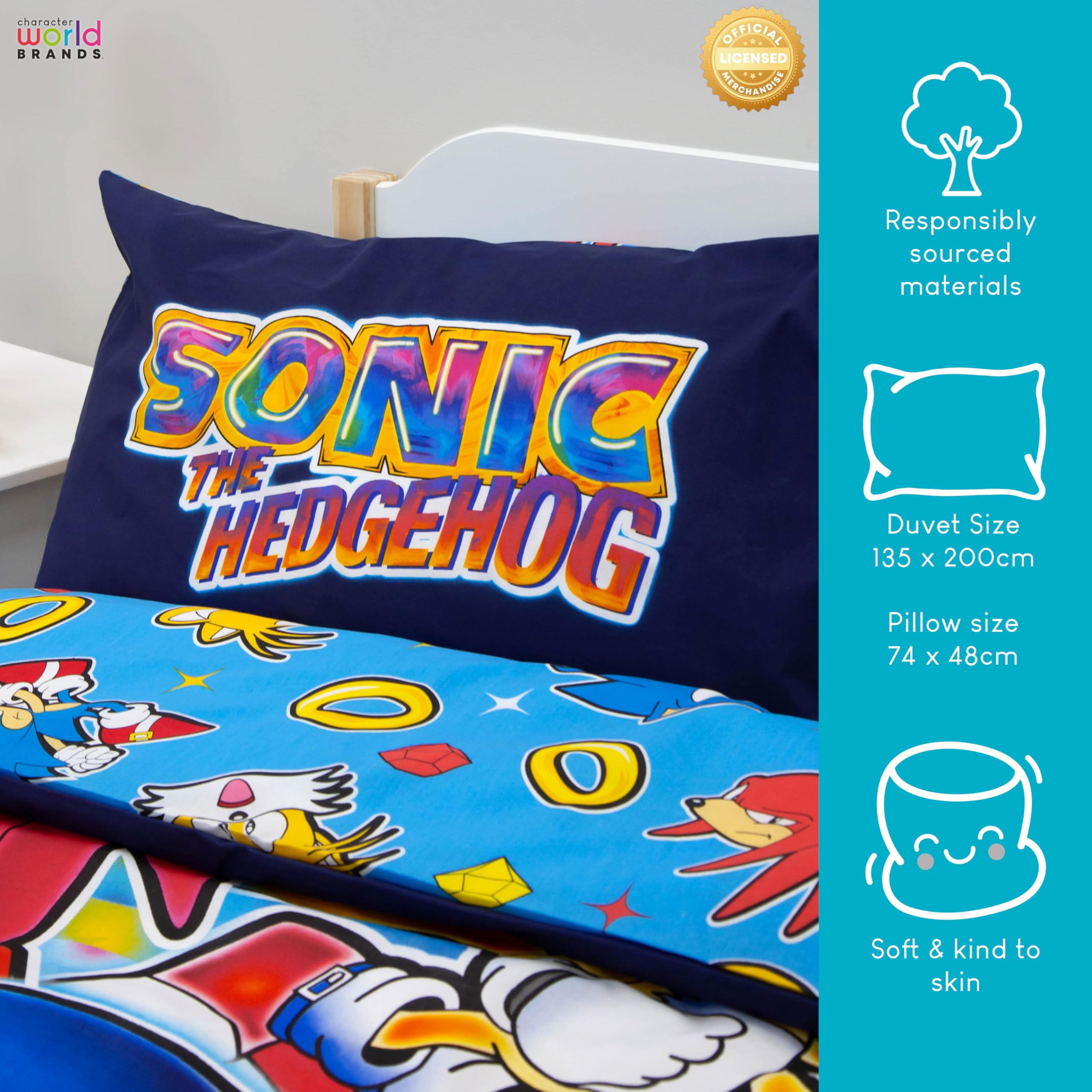 Set copripiumino singolo con licenza ufficiale Sonic the Hedgehog, double-face, double-face, con code e nocche, con federa coordinata, perfetto per la camera dei bambini