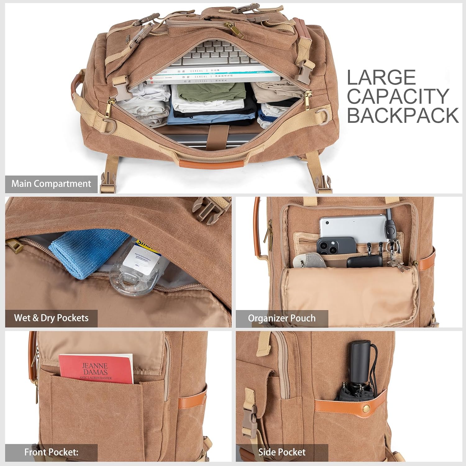 Tzowla Canvas Travel Backpack Carry on Flight Approved,Large Vintage Messenger Bag,3-in-1 Convertible Backpacks Duffel Bag,Personal ltem Laptop Rucksack for Men and Women Fit 17 Inch Laptop(Brown)