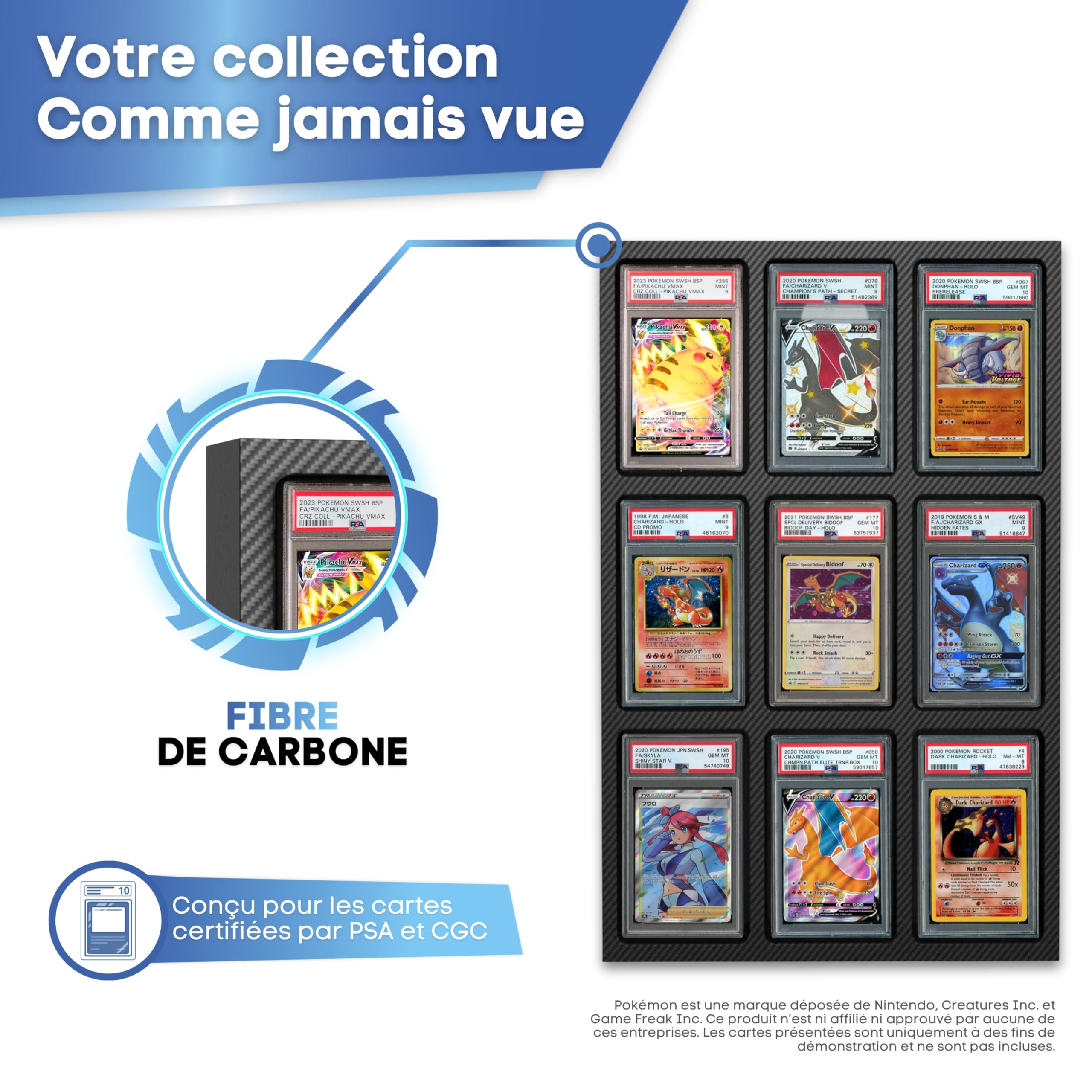 Présentoir pour Cartes Gradées (PSA/CGC) - Fabriqué en Mousse EVA Haute Densité avec Finition en Fibre de Carbone pour 9 Cartes