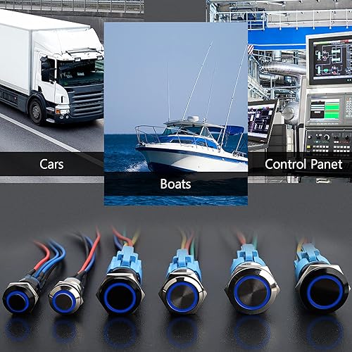 Miniatura 7 de STARELO 5 interruptores de botón LED de 0.472 in con cierre de 0.472 in, carcasa plateada con precableado, interruptor de botón impermeable IP65,