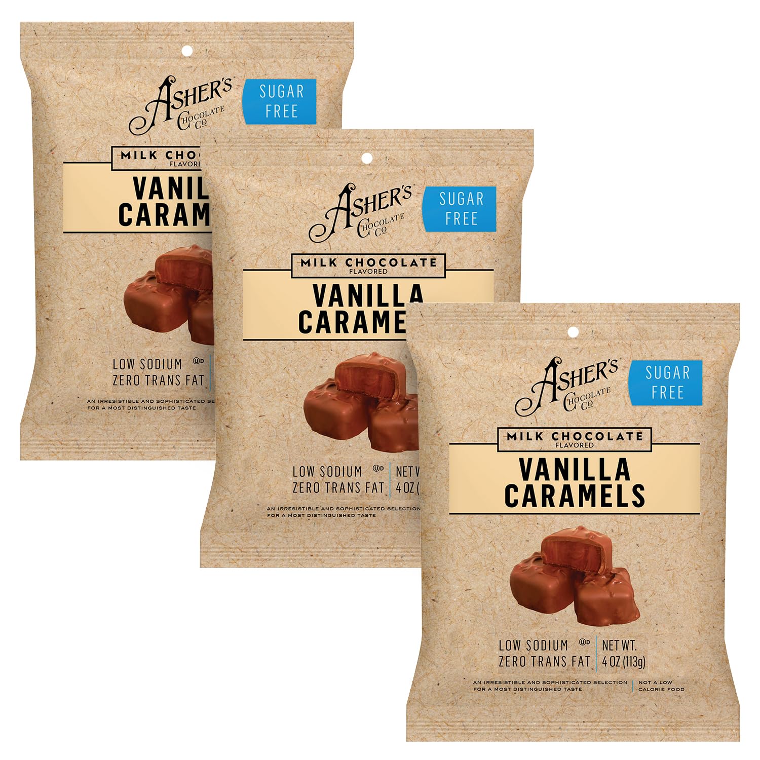 Asher's ChocolatesSugar Free Chocolate Bags, Diabetic Friendly Chocolate, Small Batches of Kosher Chocolate, Family Owned Since 1892, Keto Chocolate (3 Bags, Vanilla Caramels)