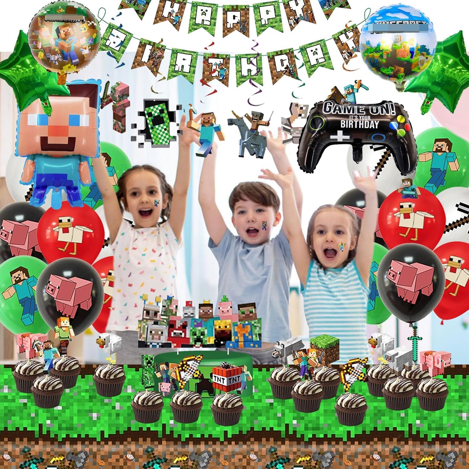 Set di decorazioni per il compleanno dei bambini, 57 pezzi di decorazione di compleanno per ragazzo, Include Tatuaggi temporanei per bambini, Decorazione per torta, Palloncini, Striscione, Tovaglia