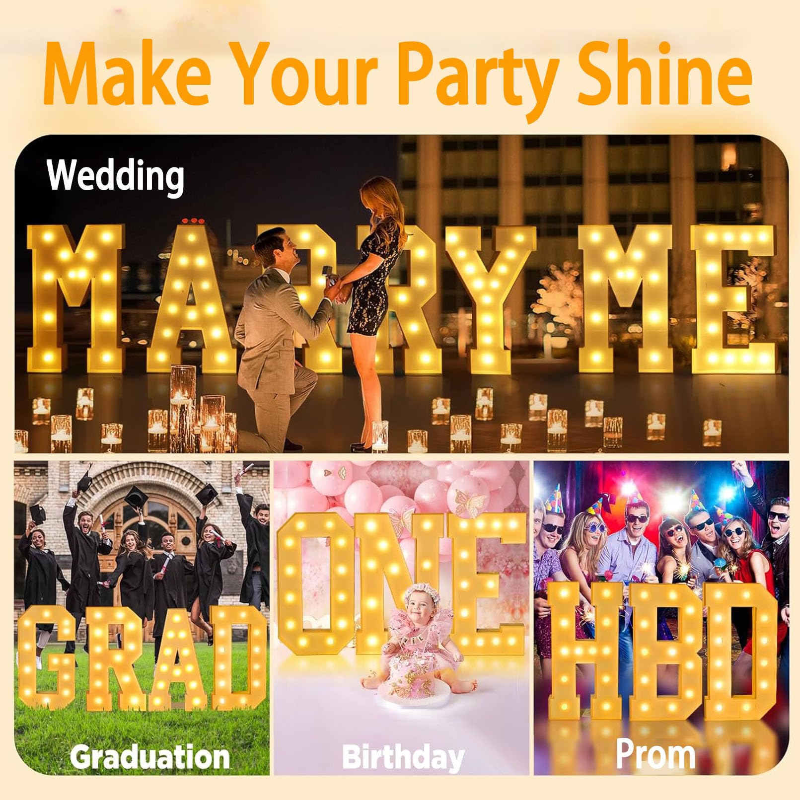 Letras iluminadas de marquesina de 1,2 m y letras grandes para decoración de fiestas de cumpleaños, letras de mosaico gigantes para globos, decoración de boda, letras de bloque grande iluminadas,