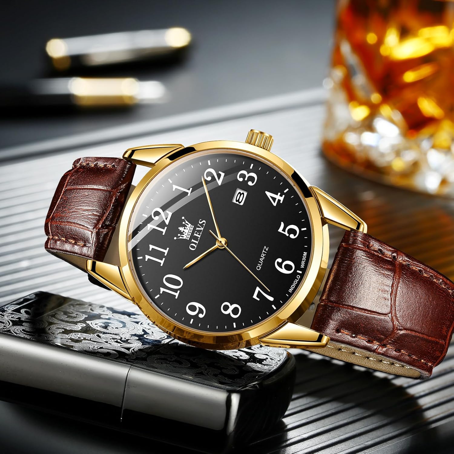 OLEVS Watch Men Mens Watches Watches for Men Leather Band Classic Brown Leather Watch Men, Analog Watch Men, Black Mens Leather Watch, Dress Waterproof Large Face Mens Watch,Relojes para Hombres Watch - Image 3