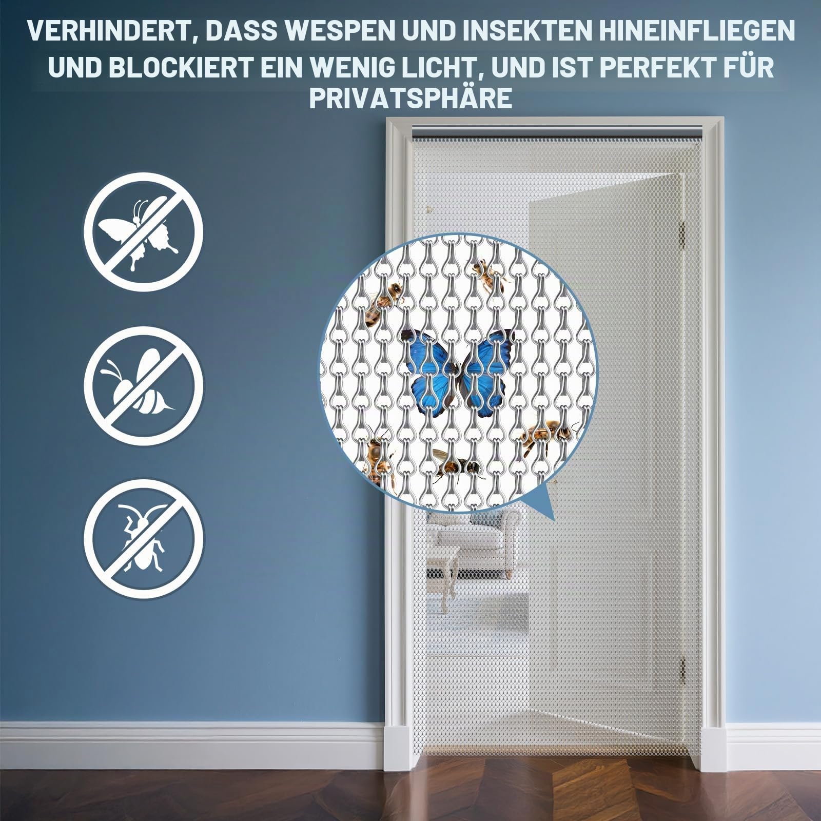 Soontrans Fliegengitter Balkontür 100 x 210cm, Aluminium Fliegenvorhang, Fliegengitter Tür, Insektenschutz Balkontür, Fliegengittertür, Metall Kettenvorhang für hält Insekten, Wespen (Silber)