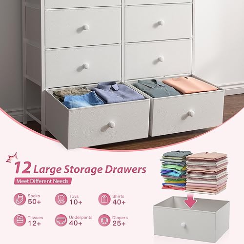 Miniatura 4 de EnHomee Cómoda blanca para dormitorio con 12 cajones, cómoda alta blanca para dormitorio con parte superior de madera y marco de metal, cómoda