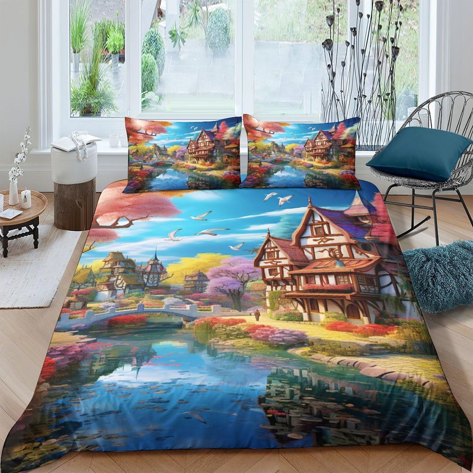 Ctjqhvkz Style-6 3D Printed Countryside Landscape Fitted Sheet Microfiber Soft Breathable Autumn River Bed Cover For Bedroom Dorm Mattress Protection Decor Single（135X200cm）