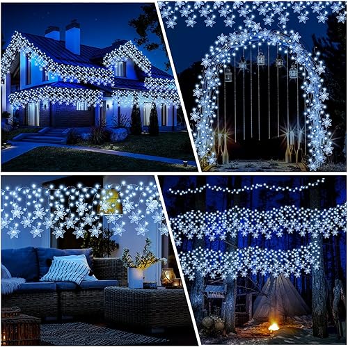 Miniatura 6 de Gazebo - Luces solares de carámbano para decoración al aire libre, luz blanca fría, luz de copo de nieve, luz impermeable para patio, 49.21 pies,