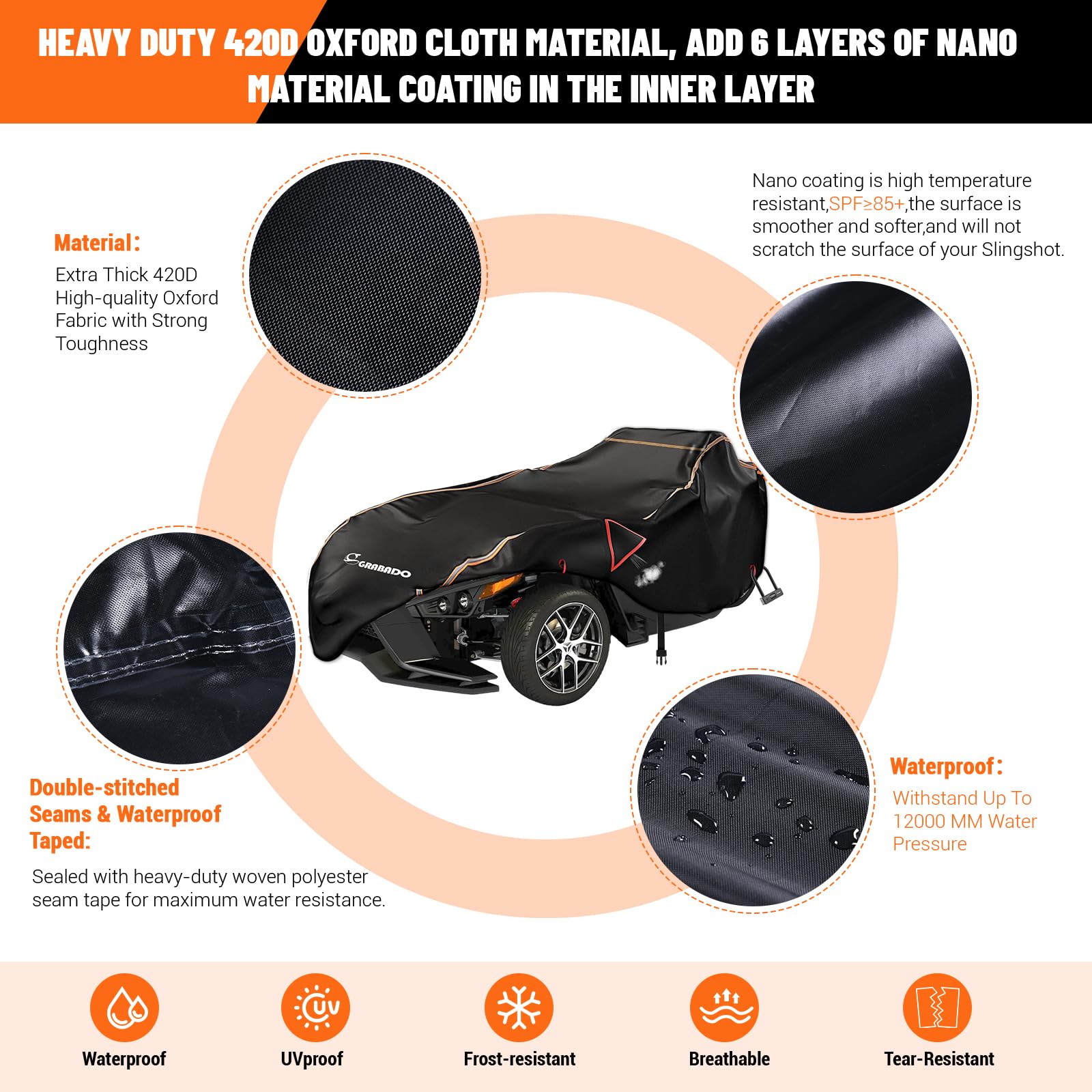 Full Cover for Polaris Slingshot,Heavy Duty 420D Oxford Slingshot Cover,Waterproof Windproof Outdoor Protection Covers for Slingshot S SL SLR R Signature LE,with 2 Air Vents (Large-150 Lx78 Wx52 H)