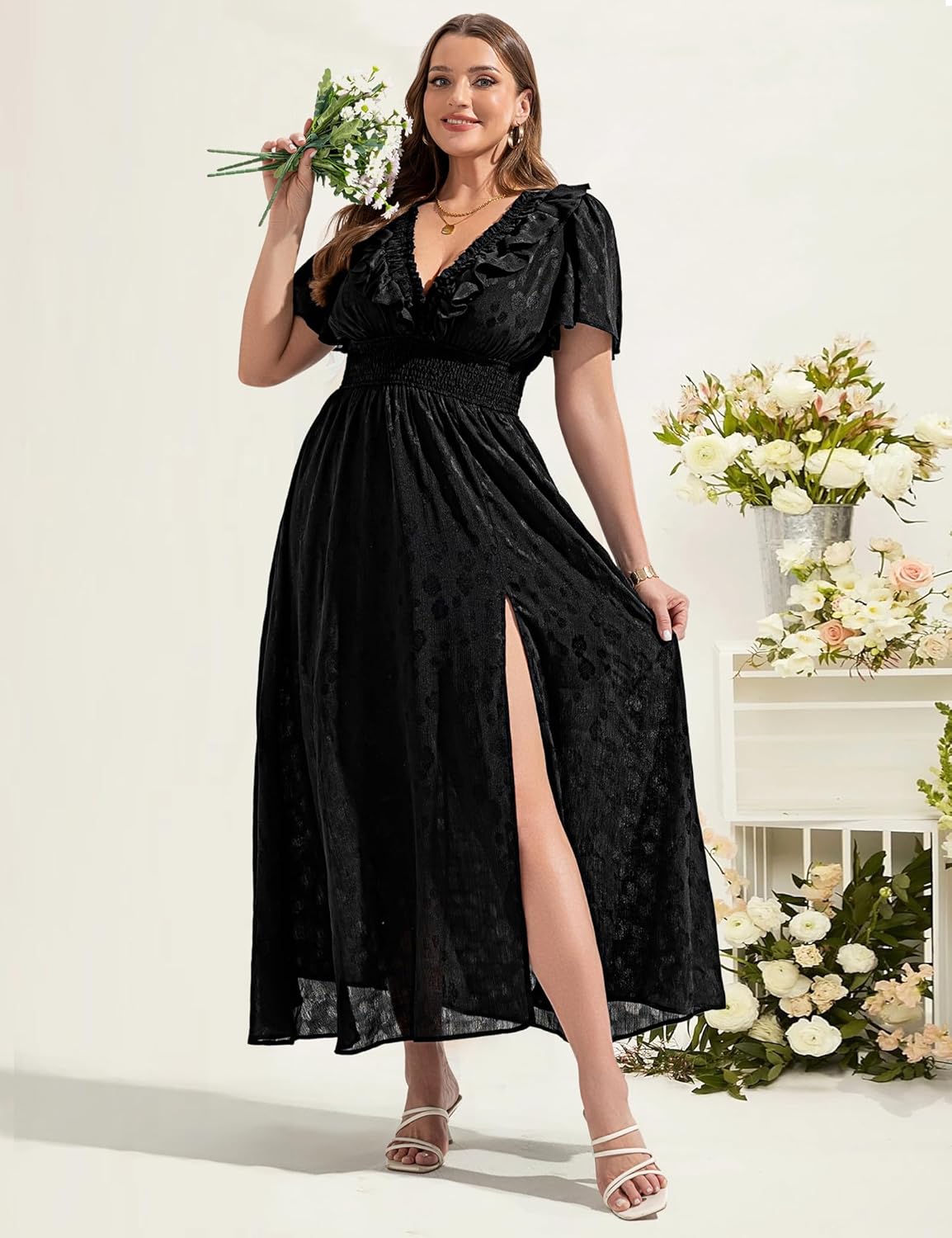 Plus Size Floral Short Sleeve Maxi Dress - V Neck Chiffon Elastic Waist Dress with Slit, Flowy Boho Dresses (M-3XL) - Image 7
