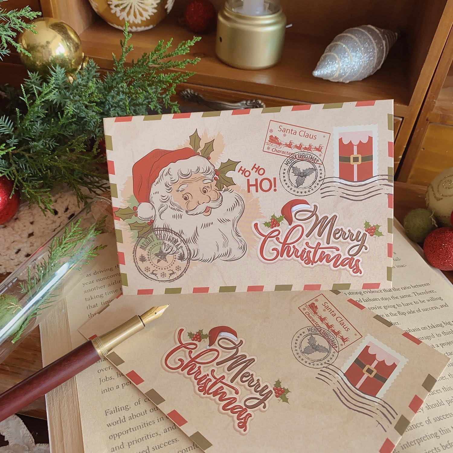 Set 4 Biglietti Di Natale A6 Con Buste Kraft – Cartoline Vintage Pieghevoli Con Babbo Natale, Fiocchi Di Neve E Alberi