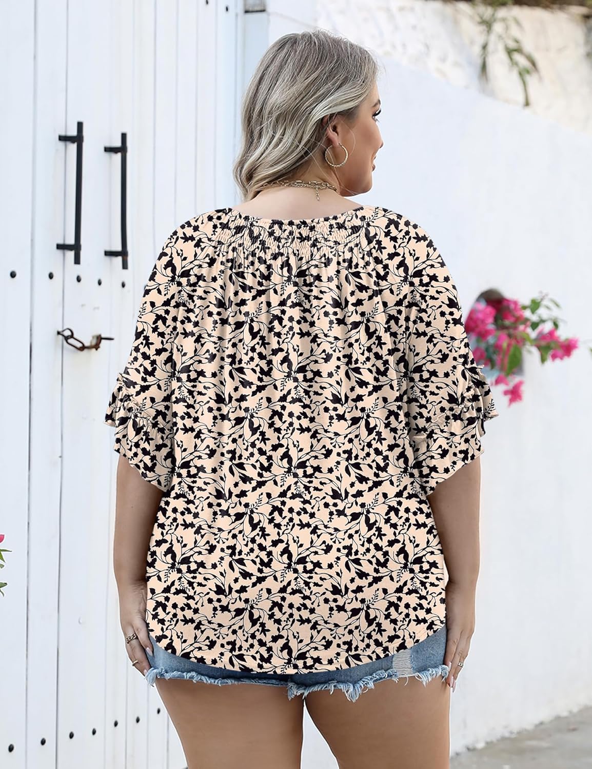 Micoson Womens Plus Size Tops 3/4 Ruffle Sleeve Shirts Crewneck Pleated Blouses Dressy Casual Fashion Tunic Top (1X-5X) - Image 2