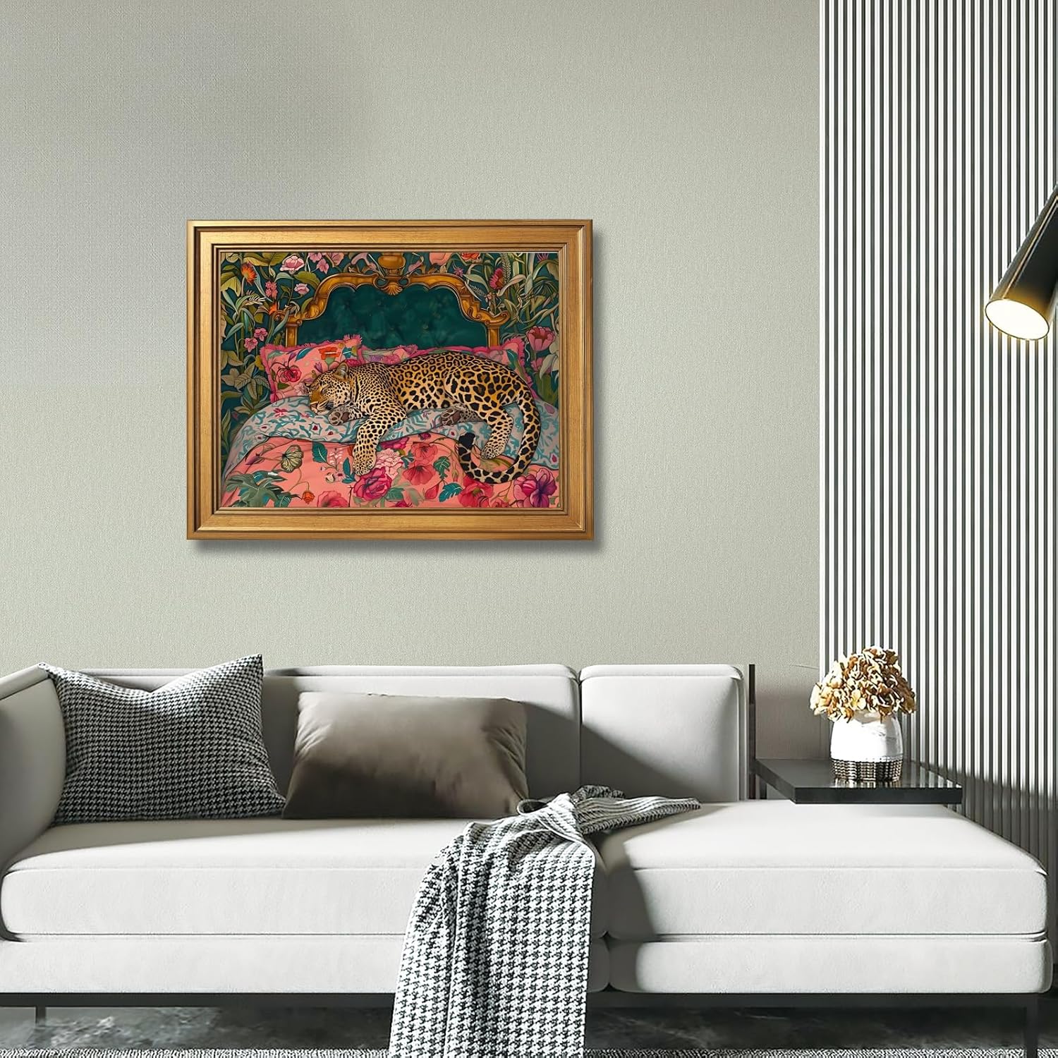 Gold Framed Sleeping Leopard Wall Art Luxury Jungle Colorful Cheetah Animal Poster Retro Maximalist Tropical Floral Pink Dopamine Canvas Print Aesthetic for Bedroom Home Decor 16x24inch