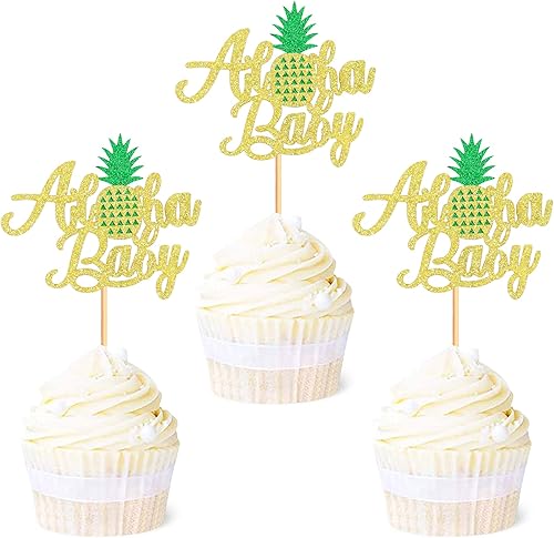Ercadio Aloha - Paquete de 24 adornos para cupcakes de piña con purpurina Hawaii Aloha Baby Cupcake Picks Hawaiian Luau Tropical Summer Aloha