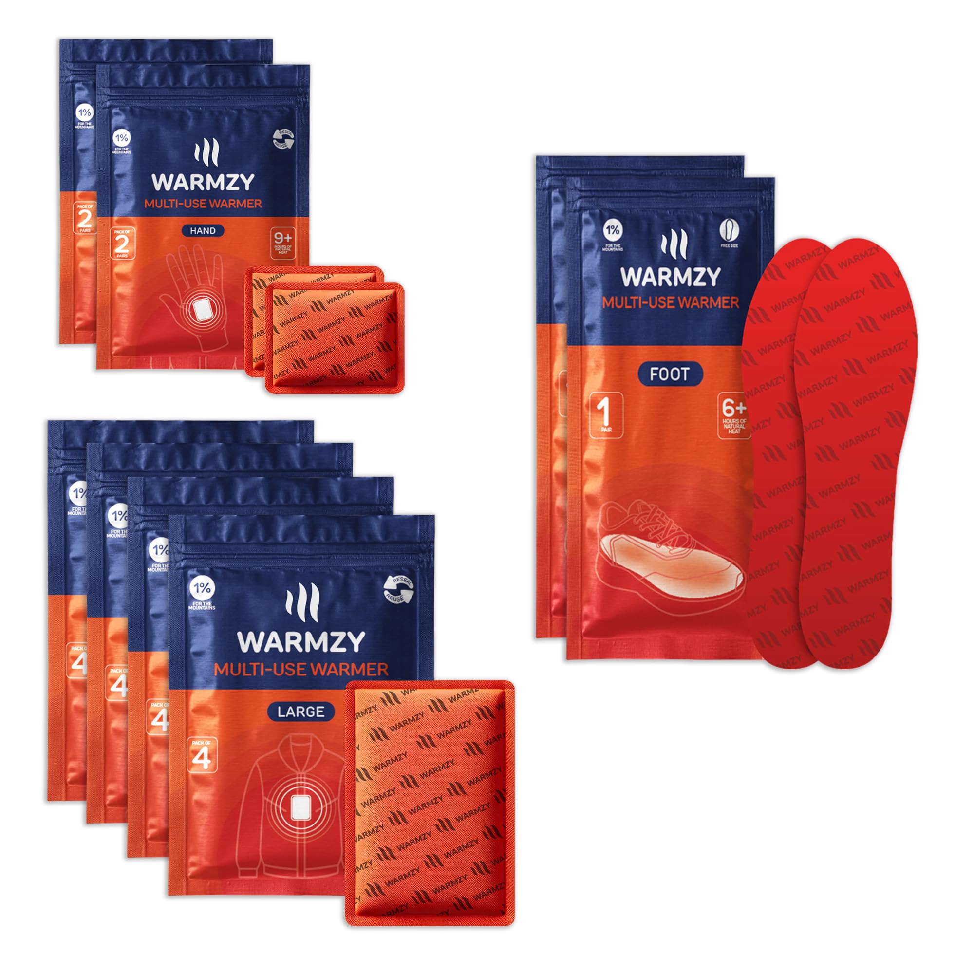 Warmzy Hand, Foot & Body Large Multiuse Warmers - 9+ Hours of Warmth, Odour Less - Air Activated, Winter Travel Essentials for Women and Men (Piece of 16 Body, Pair of 4 Hand & Pair of 2 Foot)