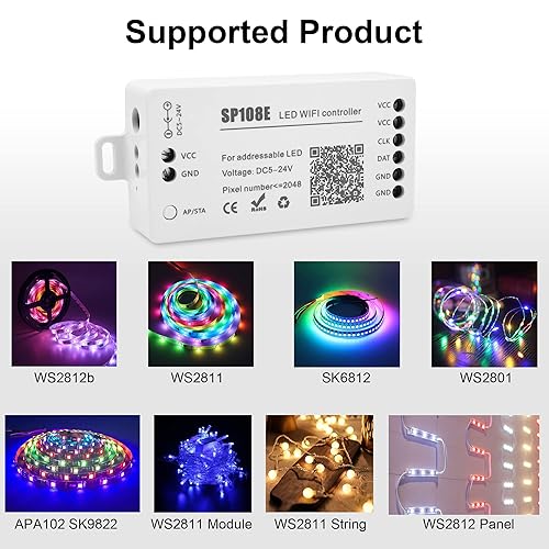 Miniatura 8 de VIPMOON SP108E controlador WiFi LED, control remoto inalámbrico para WS2811 WS2815 WS2801 SK6812 WS2813 SK9822 APA102C RGB direccionable tira de