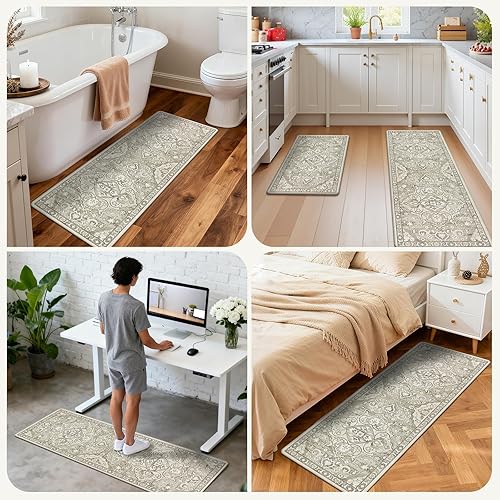Miniatura 8 de Ileading Juego de 2 tapetes de cocina antifatiga, acolchados para piso, impermeables, antideslizantes, cómodos para cocina, oficina, fregadero,