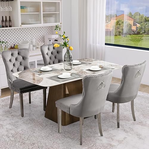 Miniatura 122 de Juego de 6 sillas de comedor de terciopelo, sillas de comedor tapizadas acolchadas con ribete de tachuelas y patas de madera maciza para cocina,