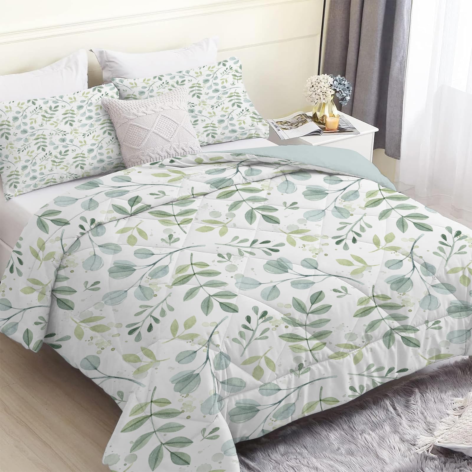 Linfye Sage Green Plants Super King Duvet, Reversible Coverless Tropical Leaves Duvet Super King Size, Anti Allergy Bed Quilt 7.5 Tog for All Seasons - 1 Soft Comforter Bedding with 2 Pillowcases