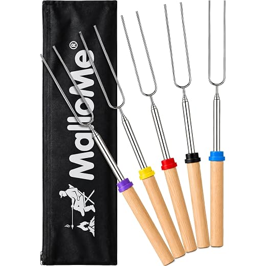 MalloMe Smores Sticks for Fire Pit Long - Marshmallow Roasting Sticks Smores Kit - Smore Skewers Hot Dog Fork Campfire Cooking Equipment, Camping Essentials S'mores Gear Outdoor Accessories 32" 5 Pack