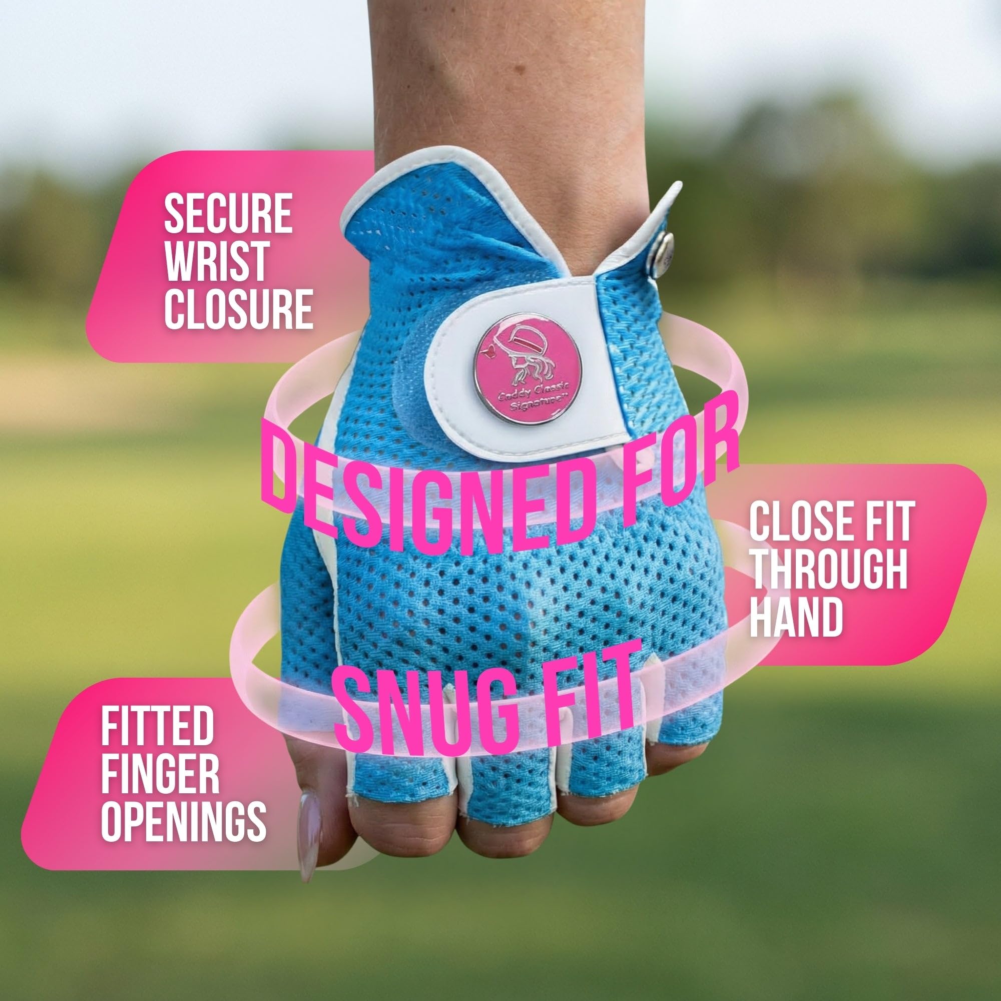 Caddy Classic - Guante de golf para mujer | Diseño de malla de medio dedo para una alta transpirabilidad | Construcción de cuero de primera calidad para un ajuste cómodo | Incluye elegante marcador