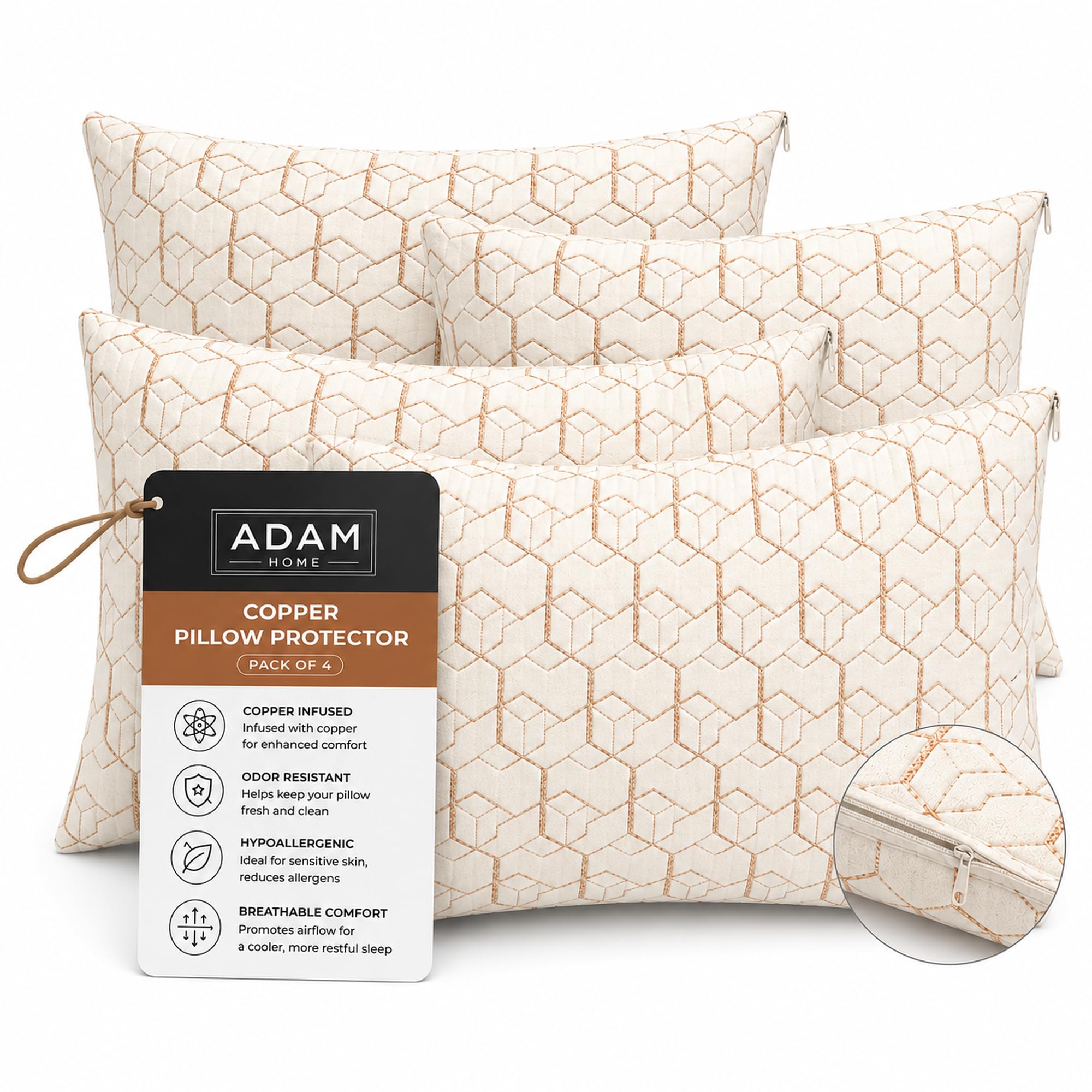 Adam Home Copper Infused Pillow Protectors 4 Pack (50 x 75 CM) - Antimicrobial Sleep Protection Zippered Pillow Cases – Durable, Breathable & Comfortable