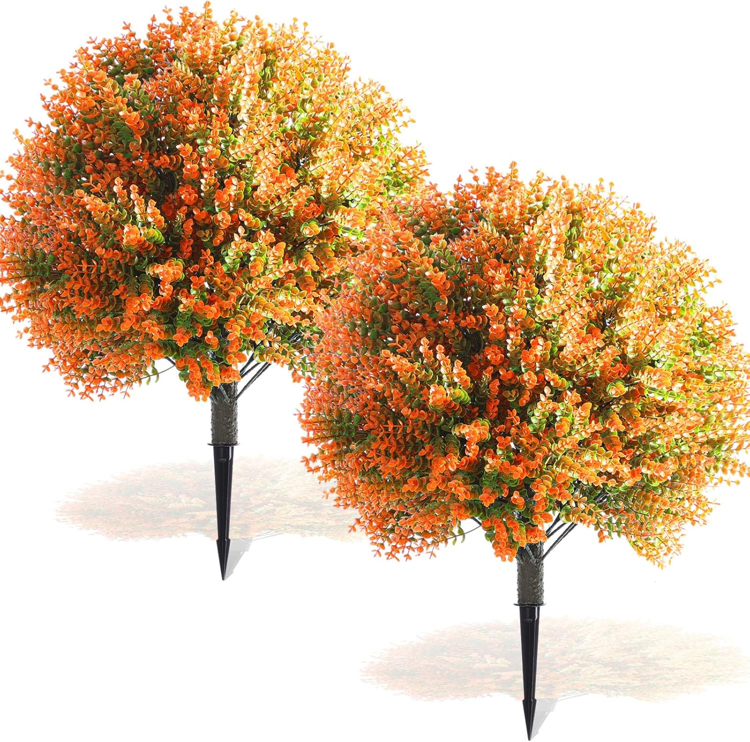 Yunlly Set of 2 Real to Touch Outdoor Topiary Tree 24" Fake Plants Front Porch Decor Artificial Boxwood Ball Faux Bush with Ground Spike, UV Resistant Fake Shrubs for Garden Yard(Orange)