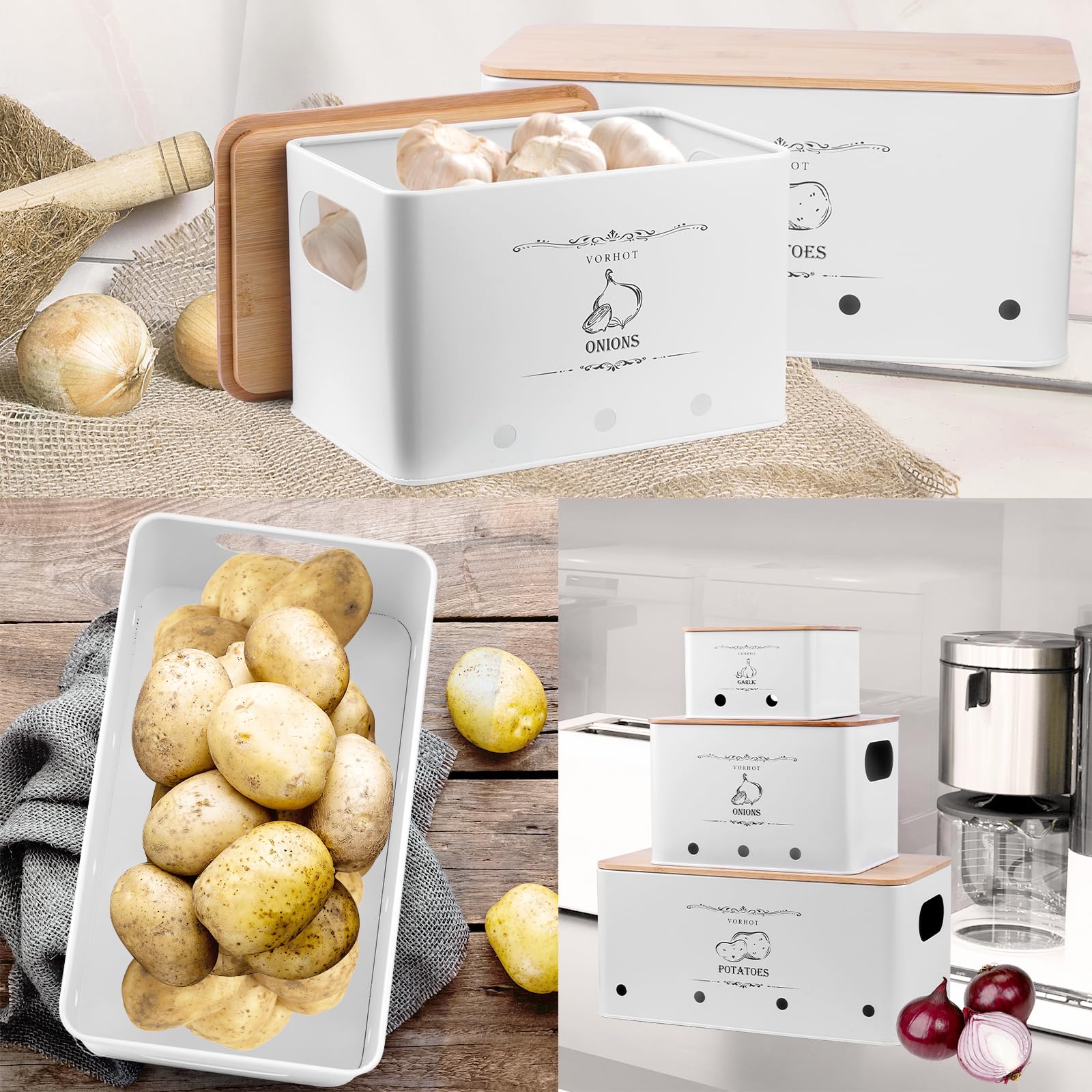 Porta Patate Cipolle Aglio, Set di 3 Contenitore Patate e Cipolle e Aglio, Porta Cucina con con Coperchio in Bambù e Fori di Ventilazione, Bianco