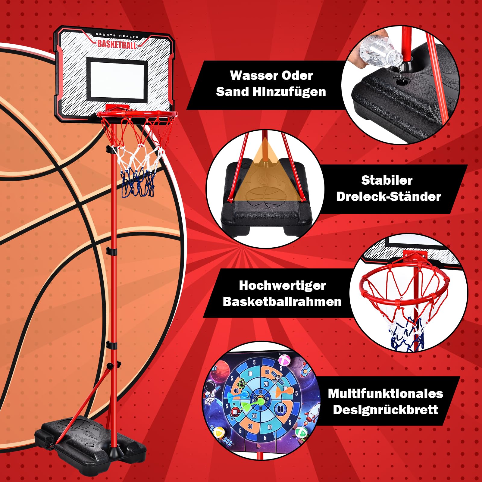 Herenear Basketballkorb für Kinder, Höhenverstellbar 107-193cm, Tragbar Indoor Outdoor, Kinderspielzeug Basketball Hoop mit Darts Target, Bällen, Pumpe, Geschenk für Jungen Mädchen ab 3-8 Jahren