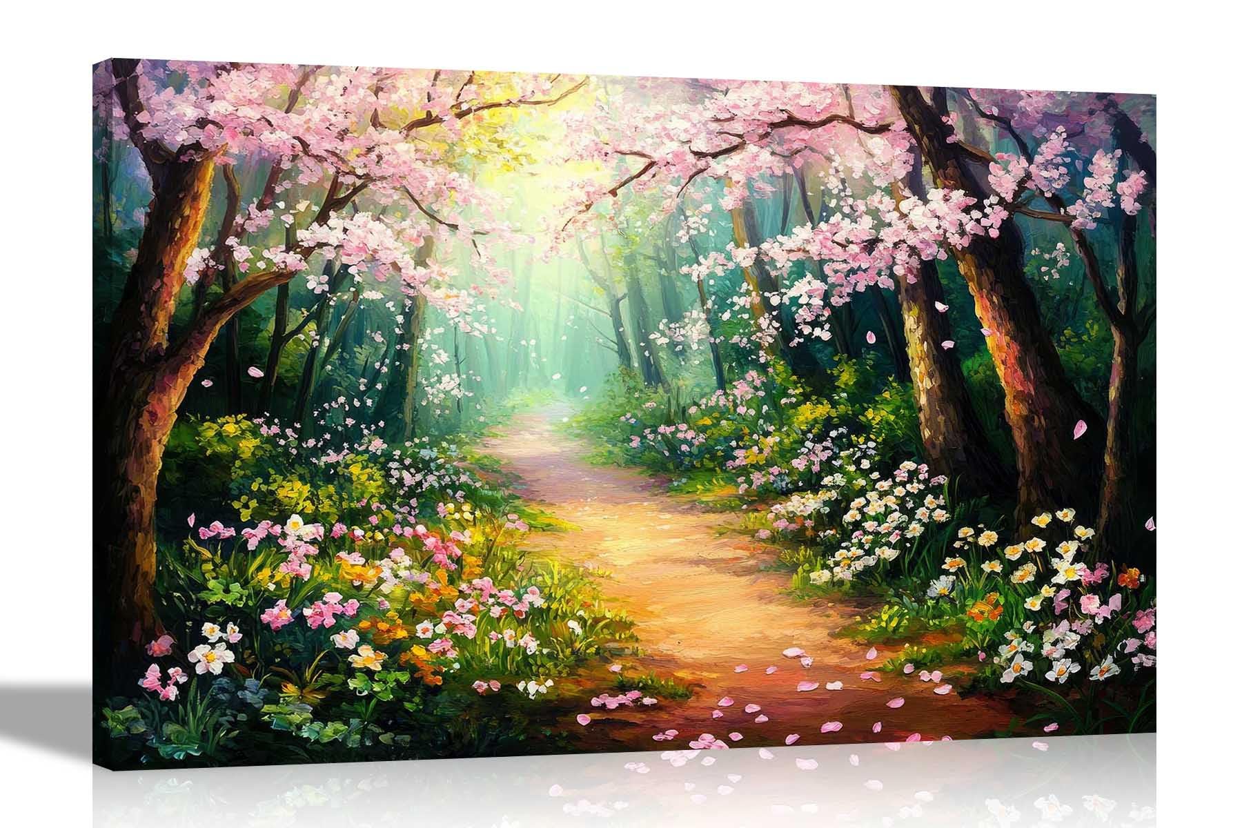 Artley Prints Pink Path Forest - Colourful Pink Forest Summer Flowers Canvas Wall Art Print Living Room Home Bedroom Conservatory Framed Pictures 51 X 35Cm (20 X 14 Inches)