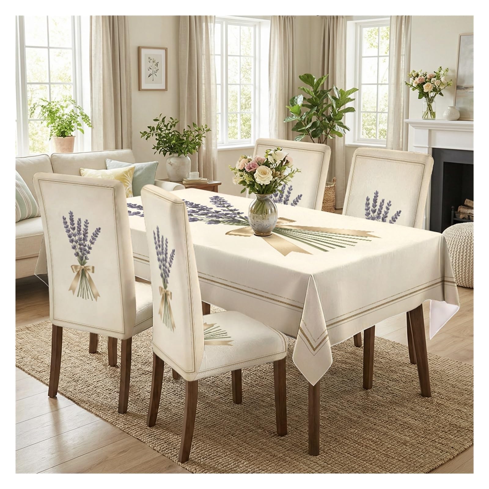 BOSUYBN Bow Lavender Floral Dining Tablecloth & Chair Covers Set, 5/7 Piece Simple Vintage Cottage Home Decor Table Setting(5pcs Set: Tablecloth+Chair Covers)