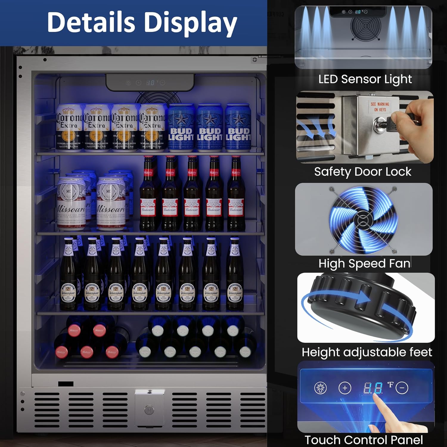 24 Inch Indoor Outdoor Beverage Fridge, Stainless Steel Under Counter Drink Refrigerator for 32-50℉, Outdoor Built-in/Freestanding Can Cooler for Home, Bar, Outdoor Kitchen, Silver