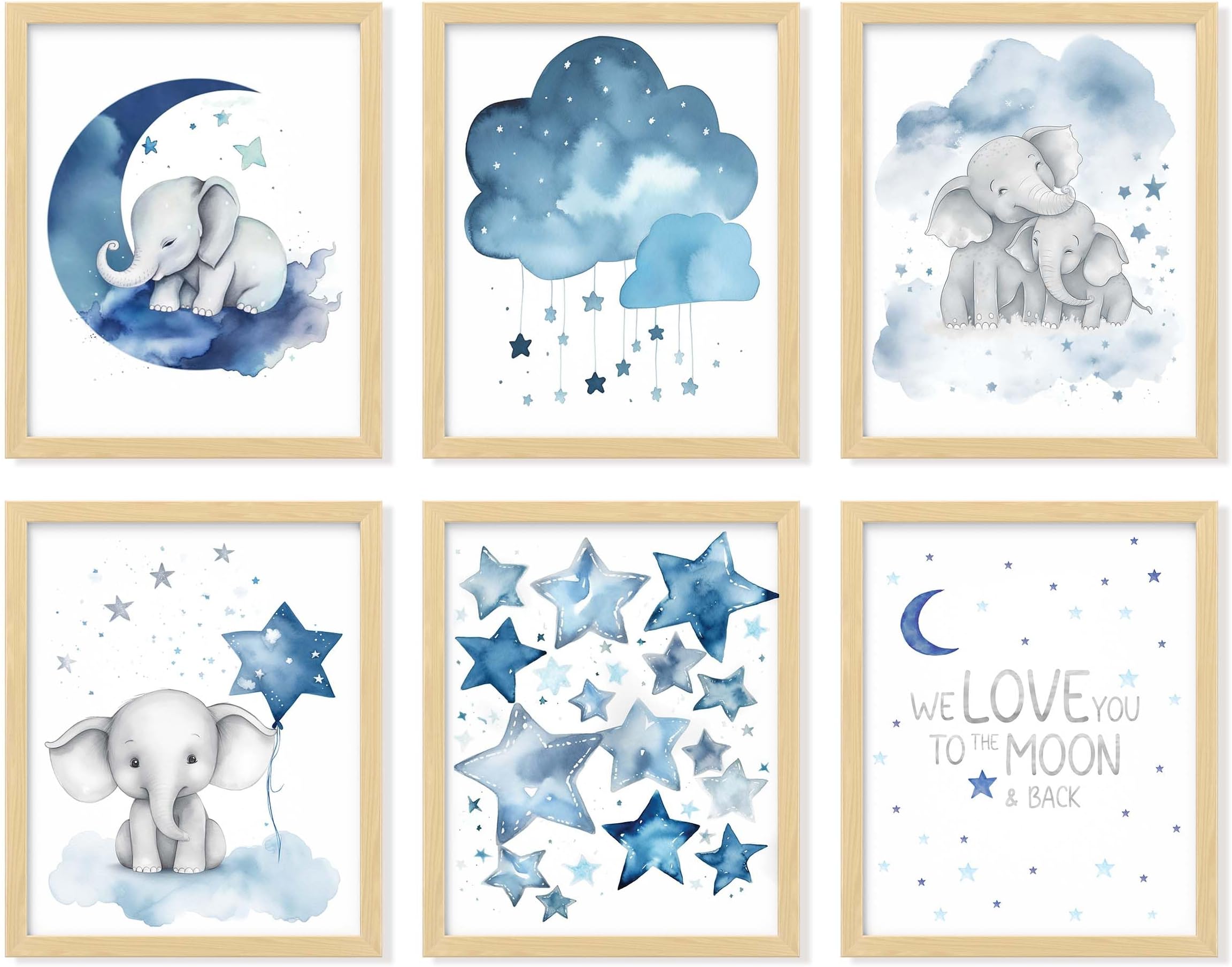 97 Decor Baby Girl Elephant Nursery Decor - Baby Boy Room Decorations for Nursery Wall Decor, Blue Moon and Stars Nursery Art Prints, Cute Elephant Poster Animal Picture for Bedroom (8x10 UNFRAMED)