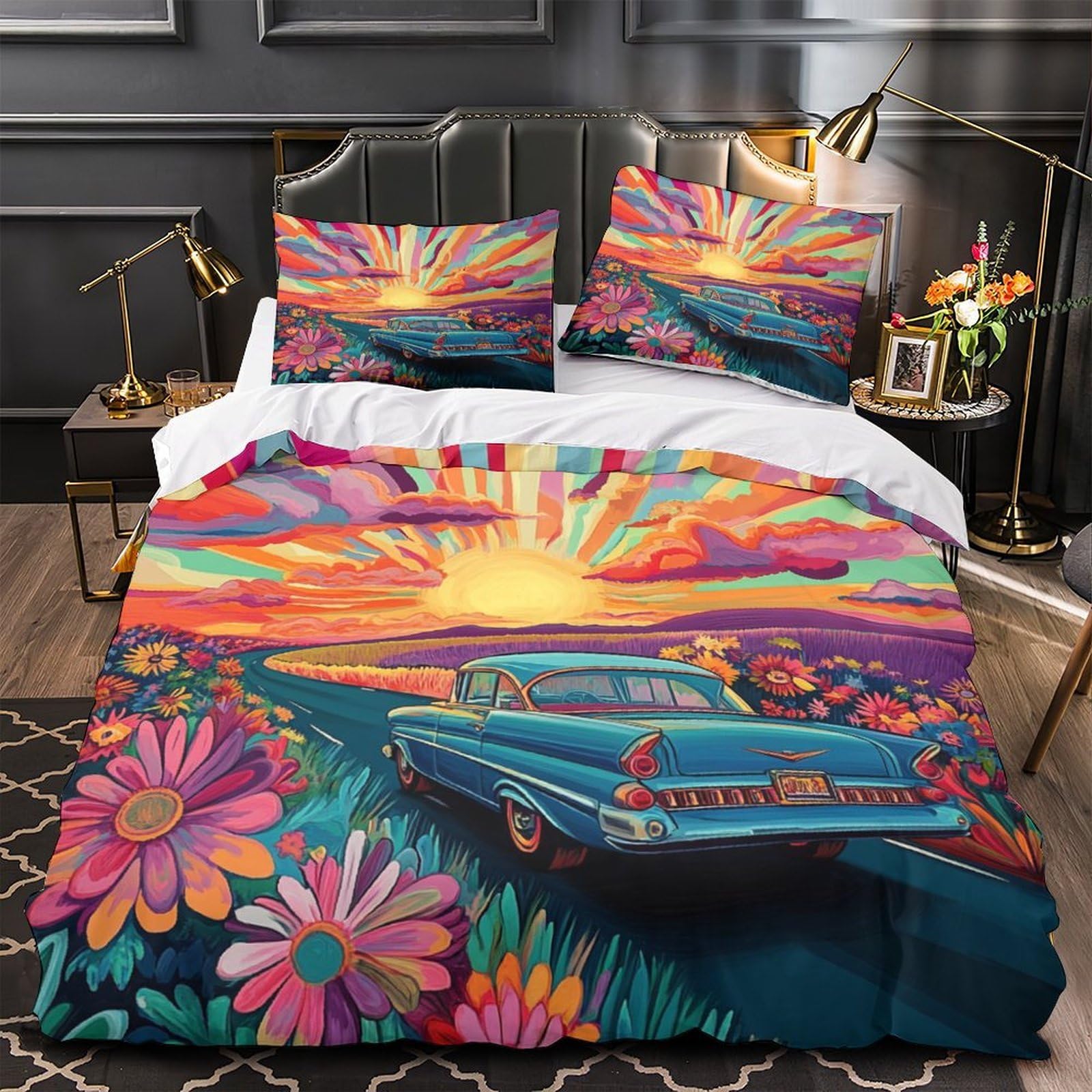 Housse de couette entretien facile sans repassage grand lit super king motif voiture