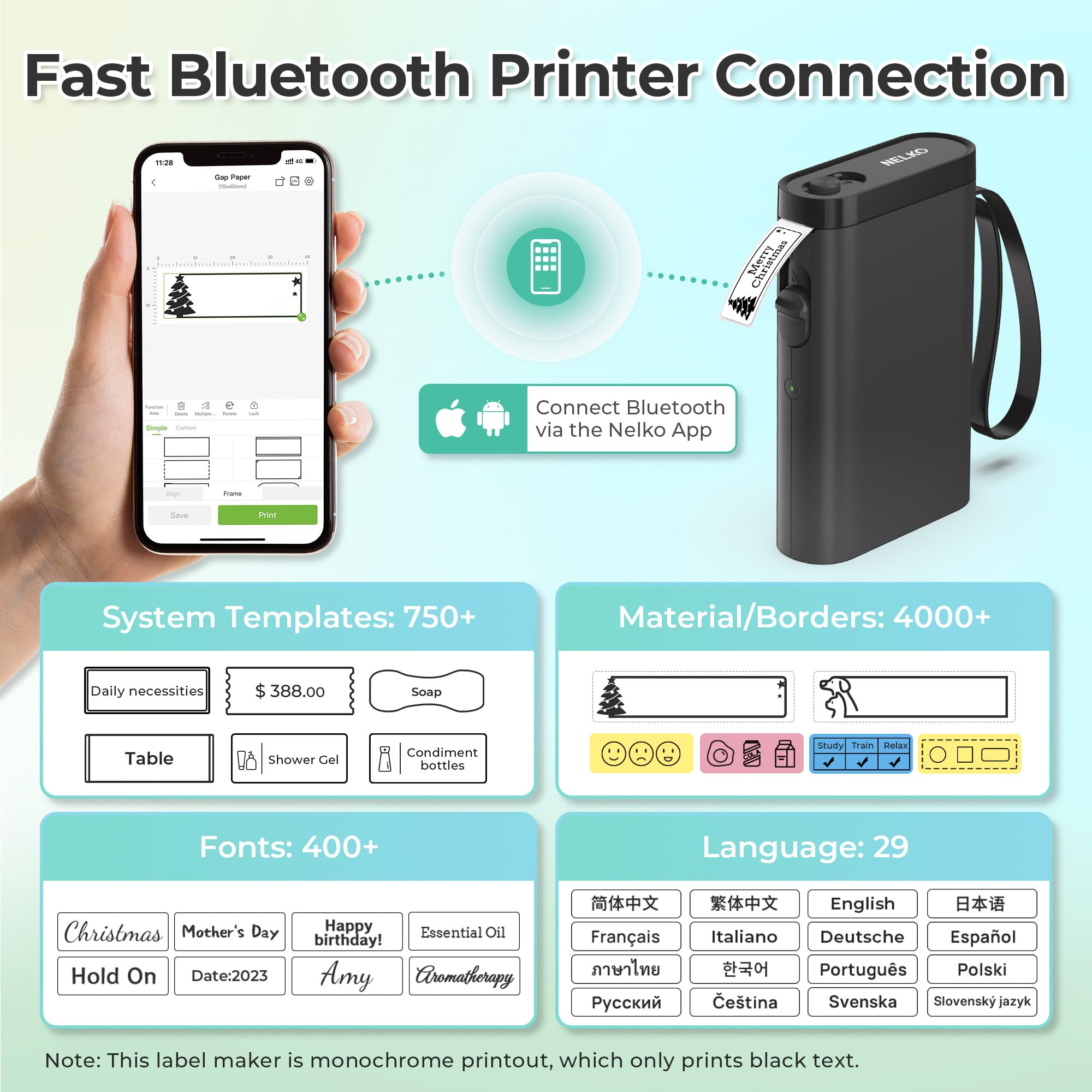 Nelko P21 Label Maker Machine with Tape, Bluetooth Label Printer, Black view 2