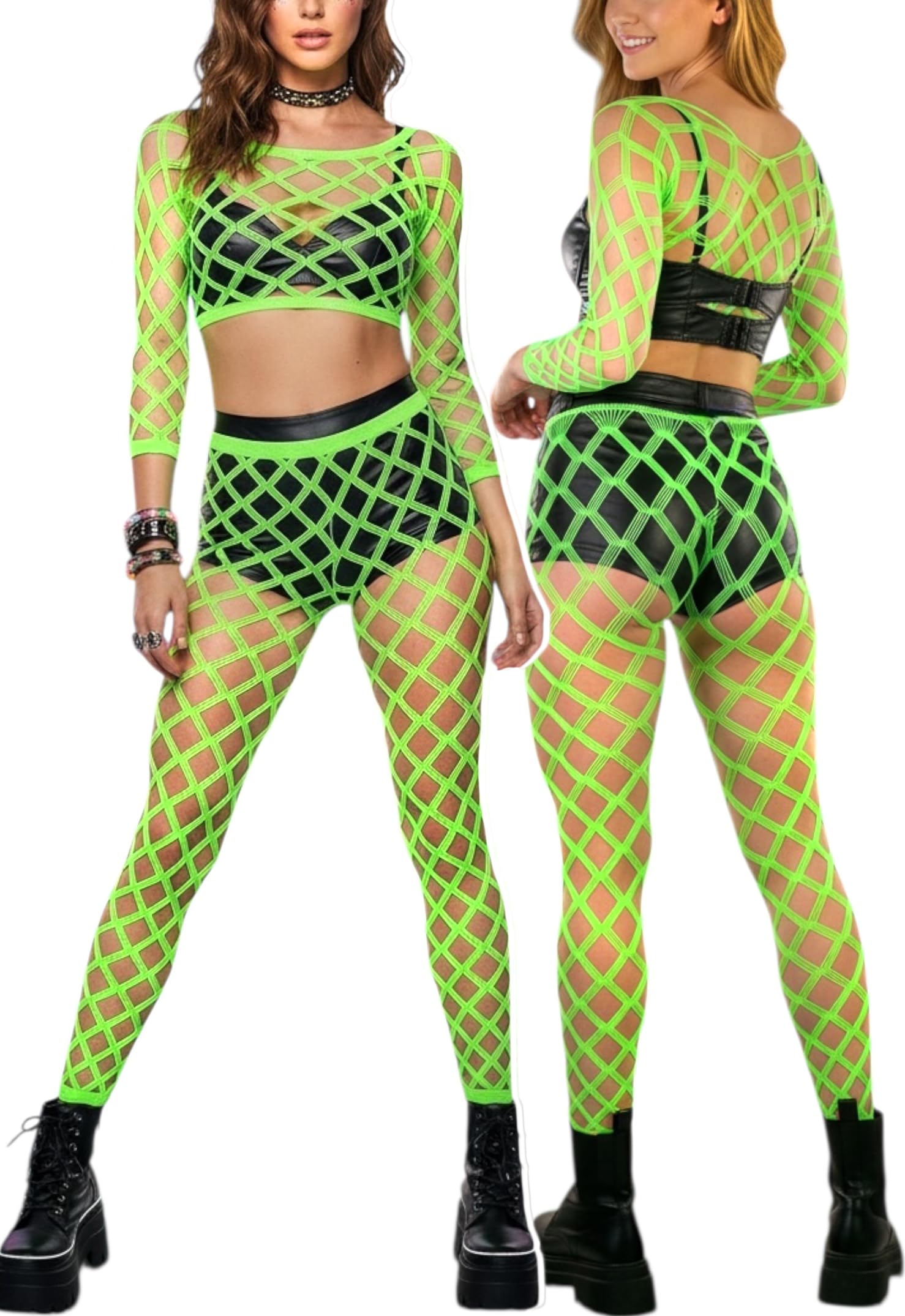 ToBeInStyle Women's Spandex Multi Net Fishnet Set Rave Novelty Party Crop Top &amp; Tights